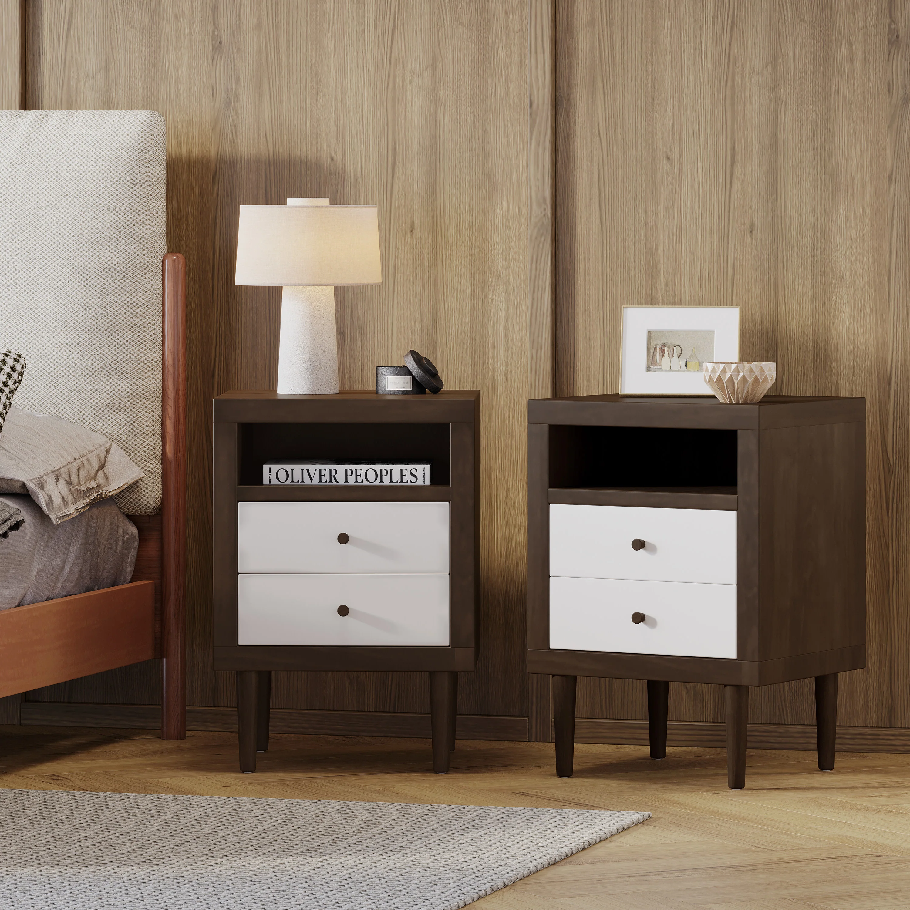 Farhart Mid Century Modern Faux Wood 2 Drawer Nightstands, Set of 2 - furnishings