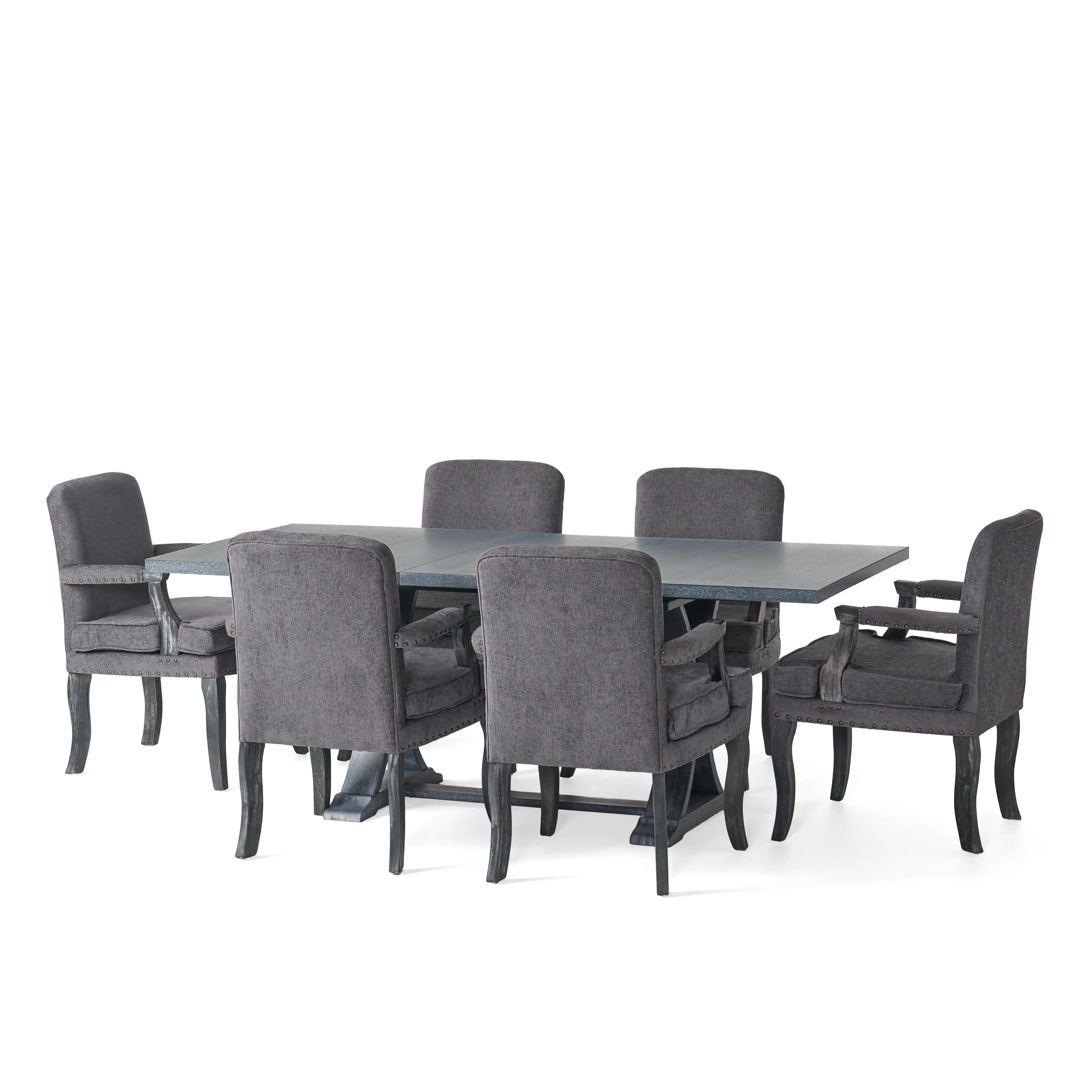 Combes French Country Fabric Upholstered Wood and Cane 7 Piece Expandable Dining Set - furnishings