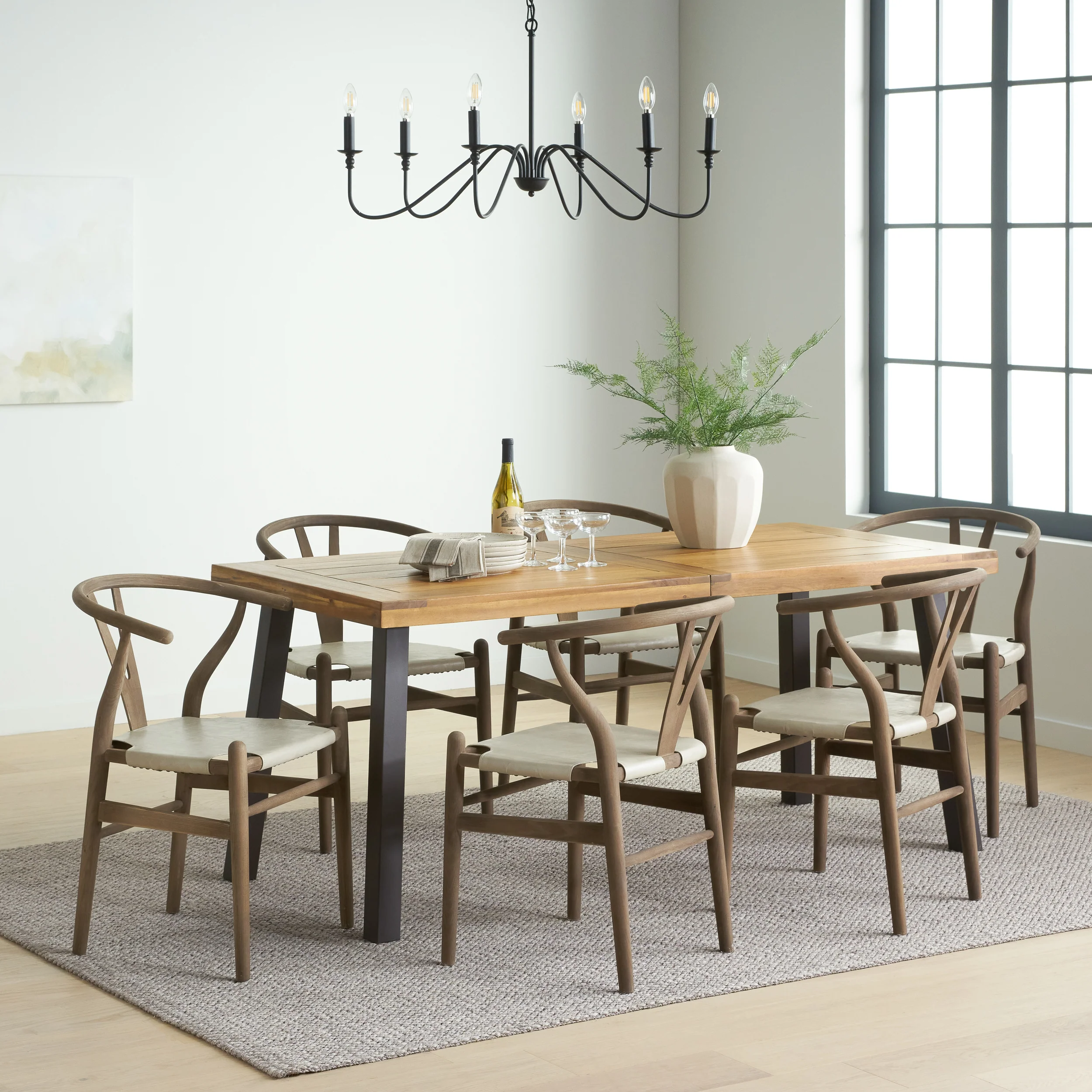 Egan Farmhouse Acacia Wood and Faux Leather 7 Piece Dining Set - furnishings