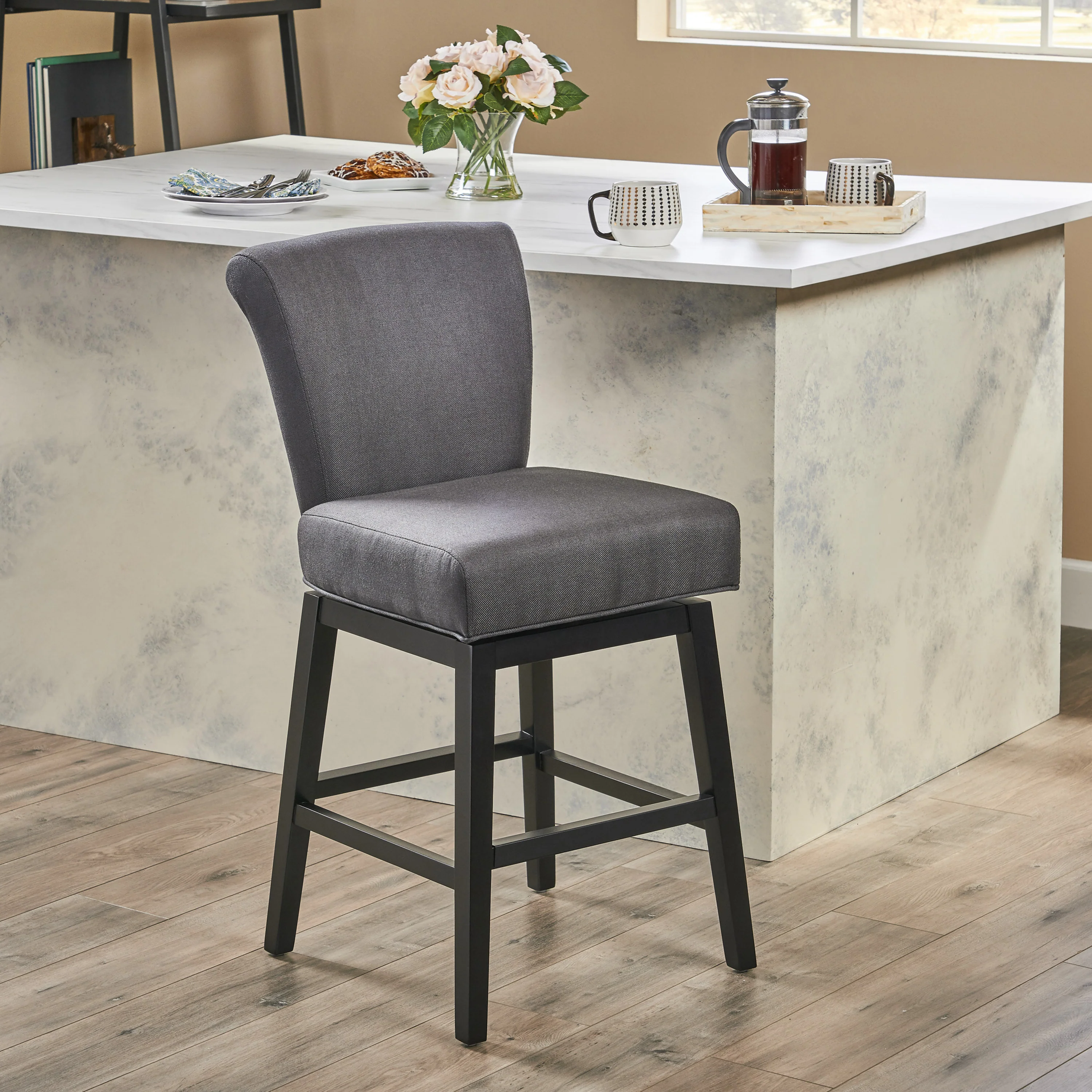 Tristan Contemporary Dark Charcoal Fabric Upholstered Swivel Counter Stool - furnishings