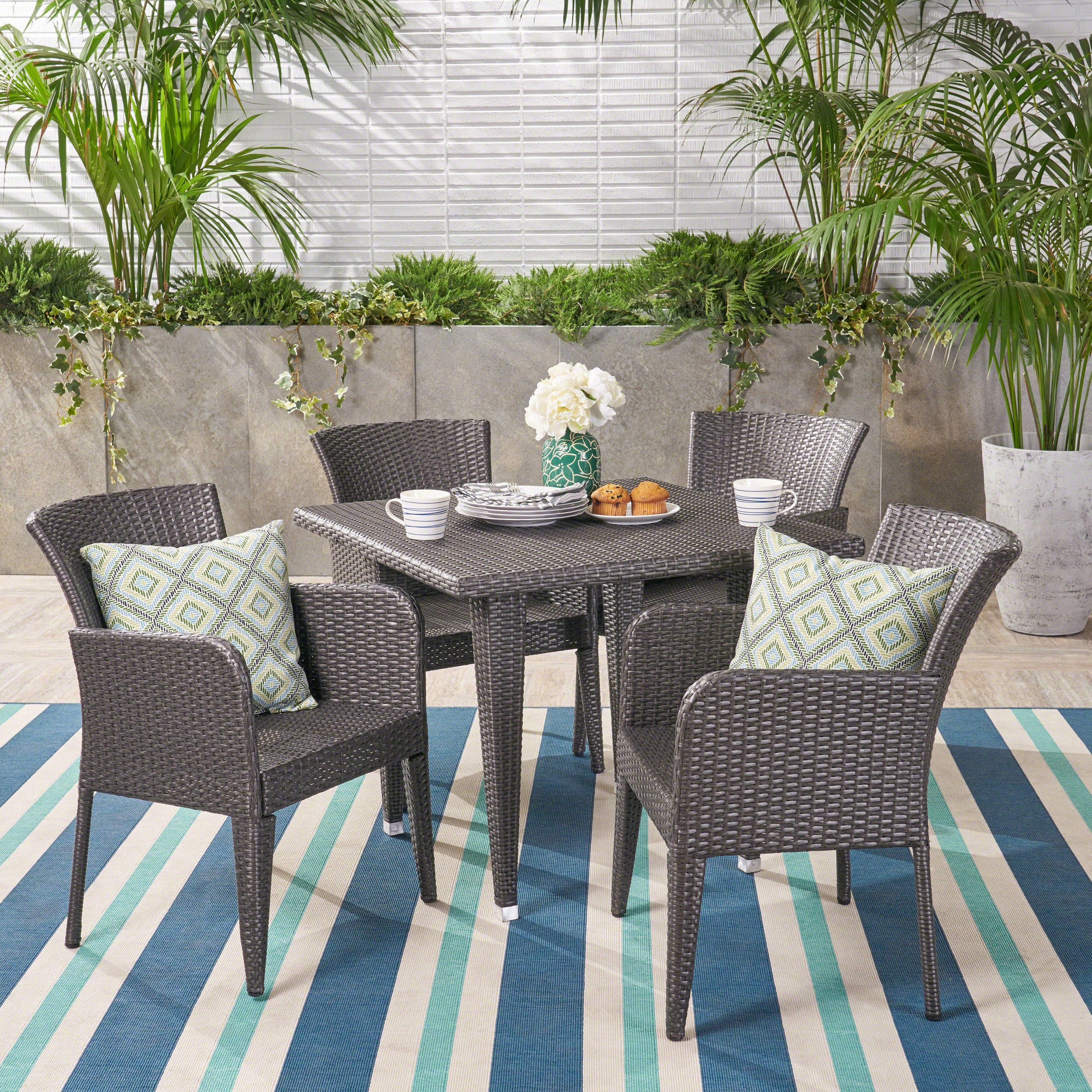 Hans Outdoor 5 Piece Wicker Dining Set, Grey - furnishings