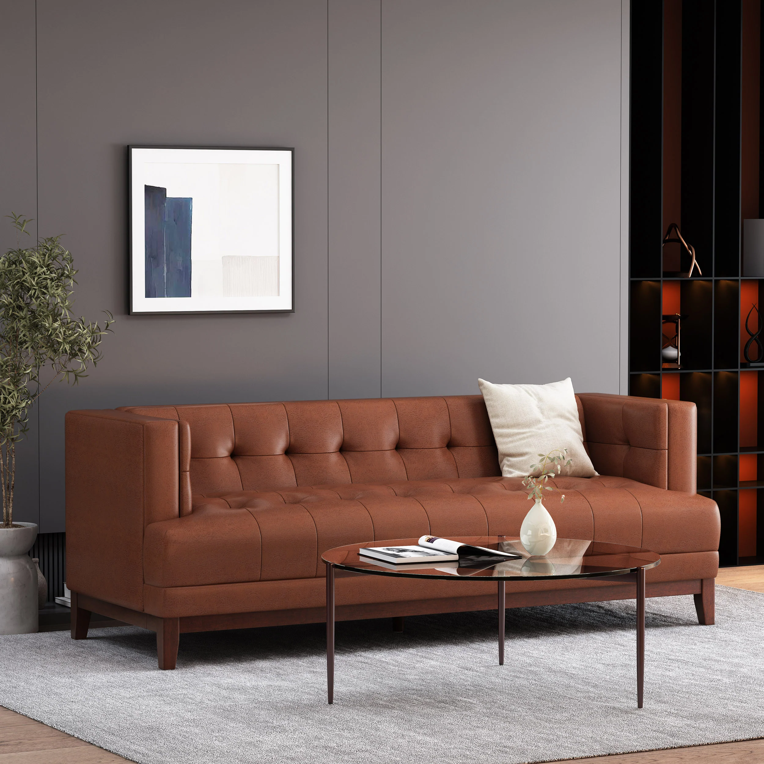 Stefan Mid Century Modern Faux Leather Tufted 3 Seater Sofa - furnishings