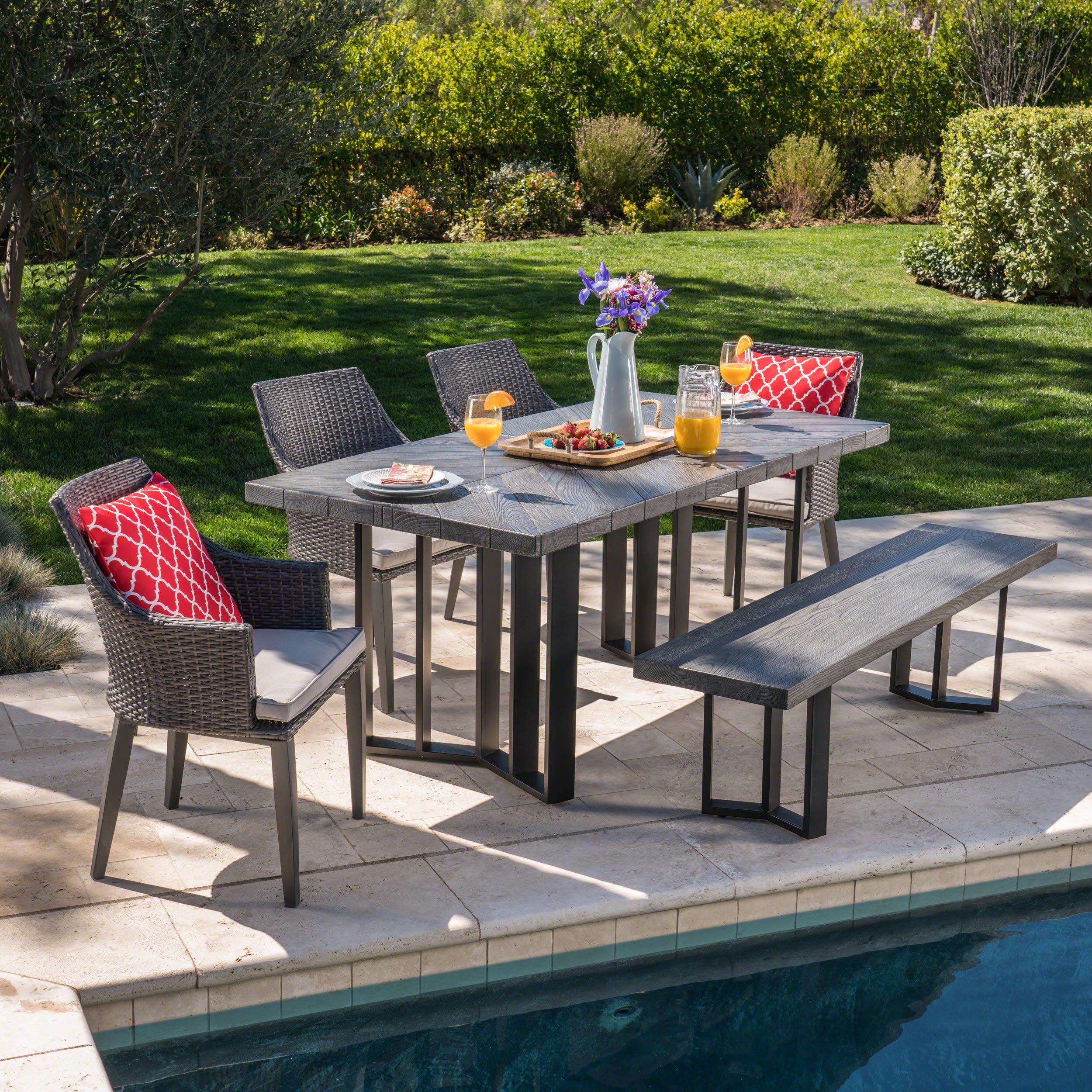 Valby Outdoor 6 Piece Wicker Dining Set with Concrete Dining Table and Bench - furnishings