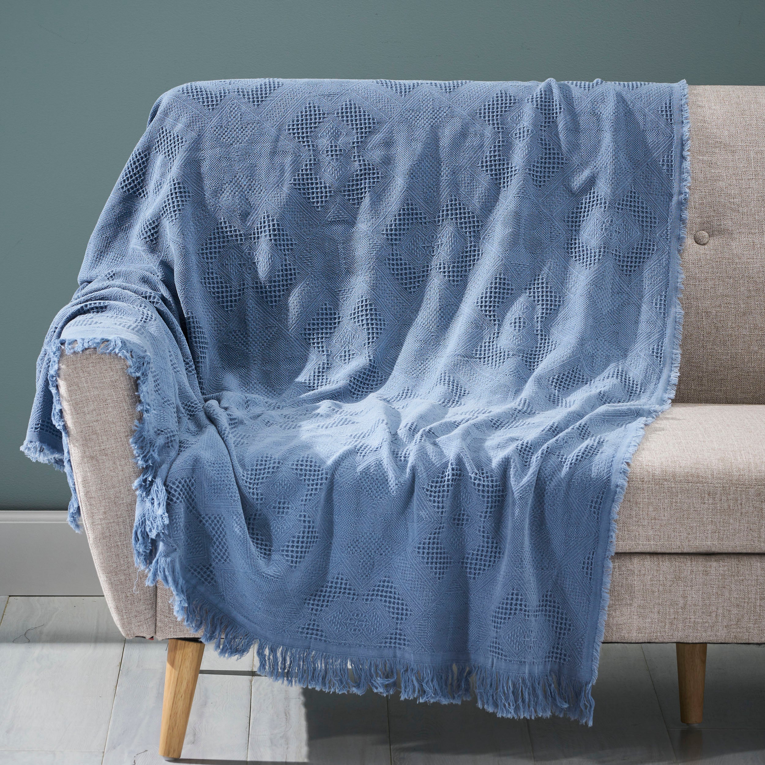 Isabel Contemporary Cotton Throw Blanket with Fringes, Aqua - furnishings