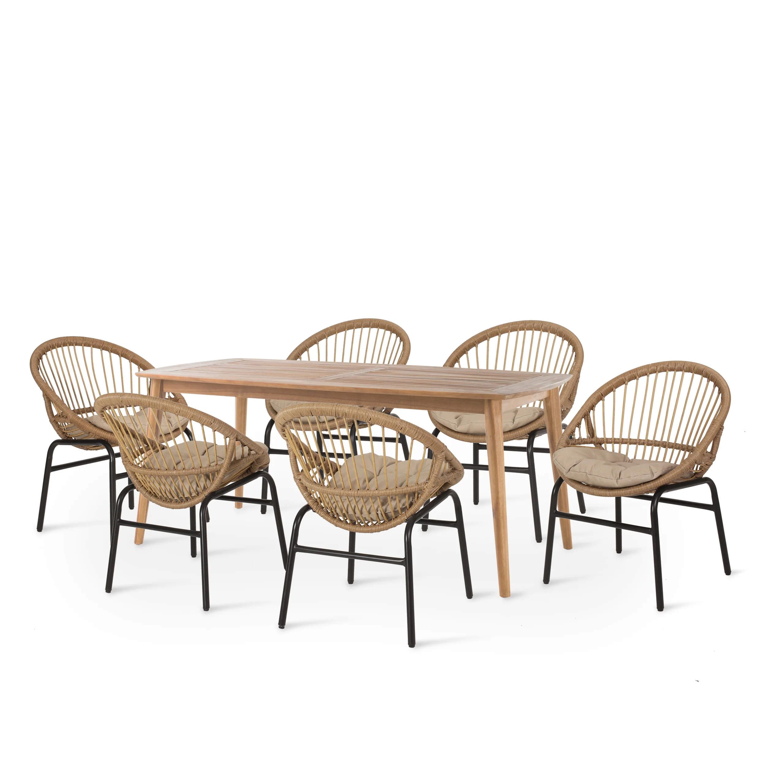 Waldron Outdoor Wicker and Acacia Wood 7 Piece Dining Set with Cushion, Light Brown, Beige, and Teak - furnishings