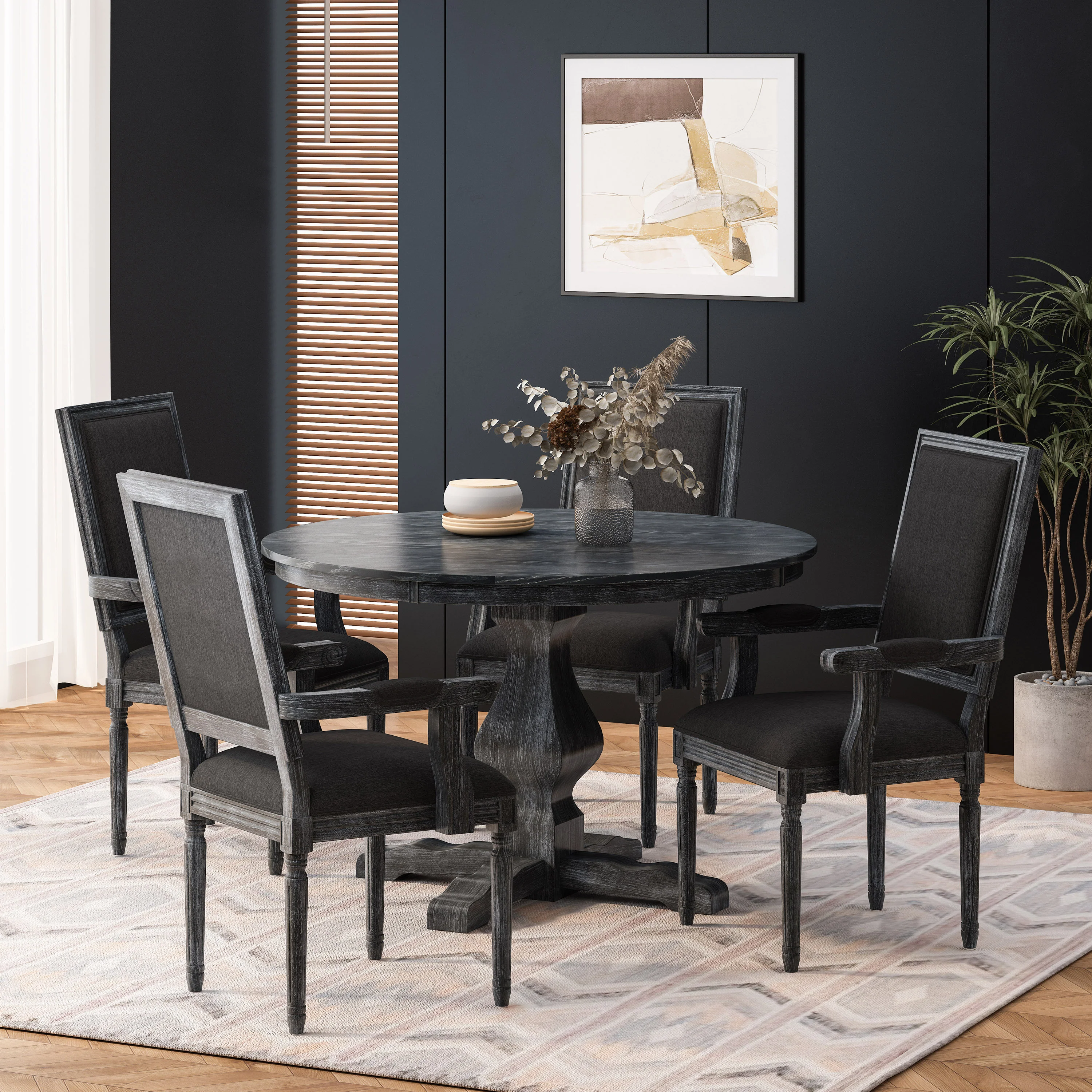 Joretta French Country Fabric Upholstered Wood 5 Piece Circular Dining Set - furnishings