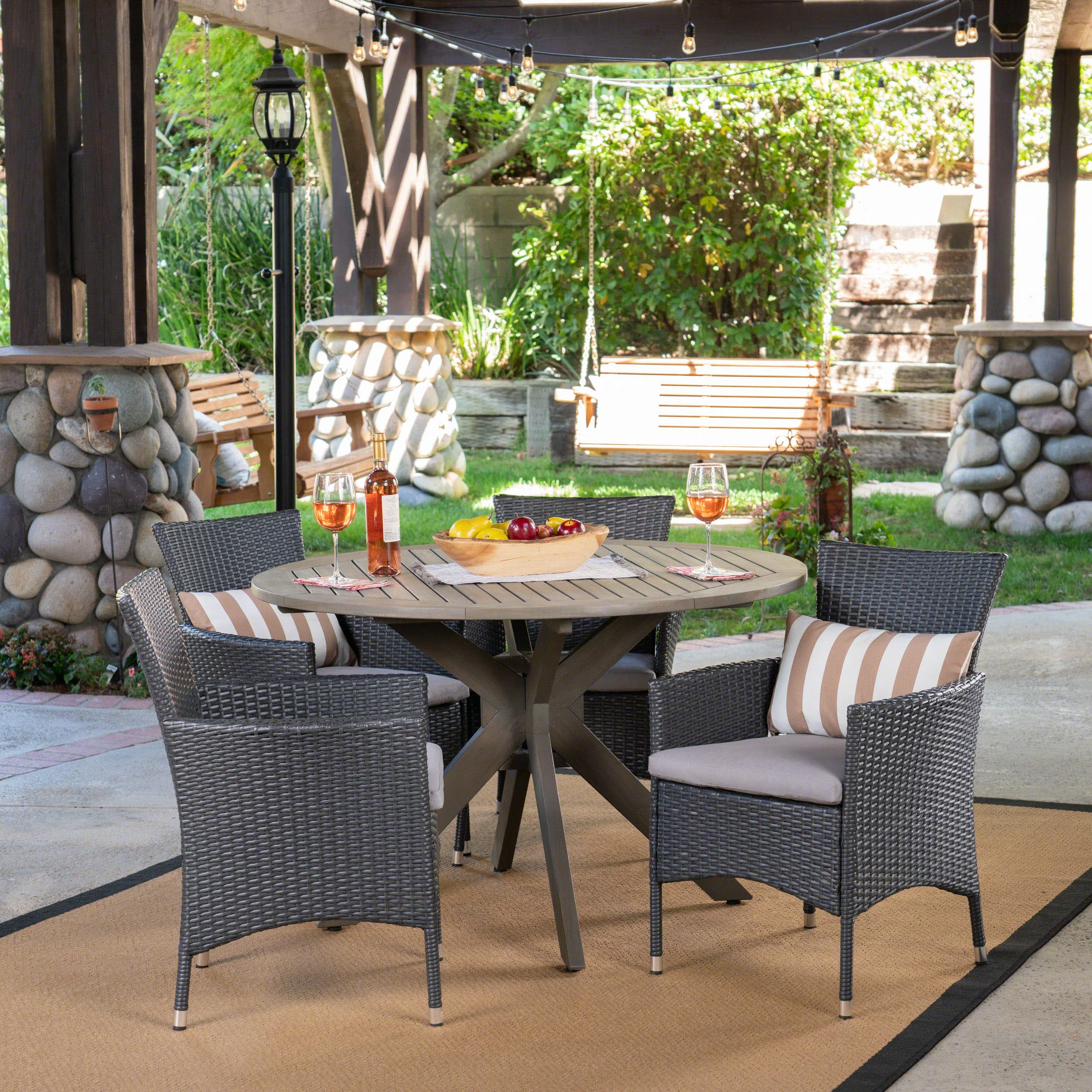 Key Outdoor 5 Piece Wood and Wicker Dining Set, Gray and Gray - furnishings