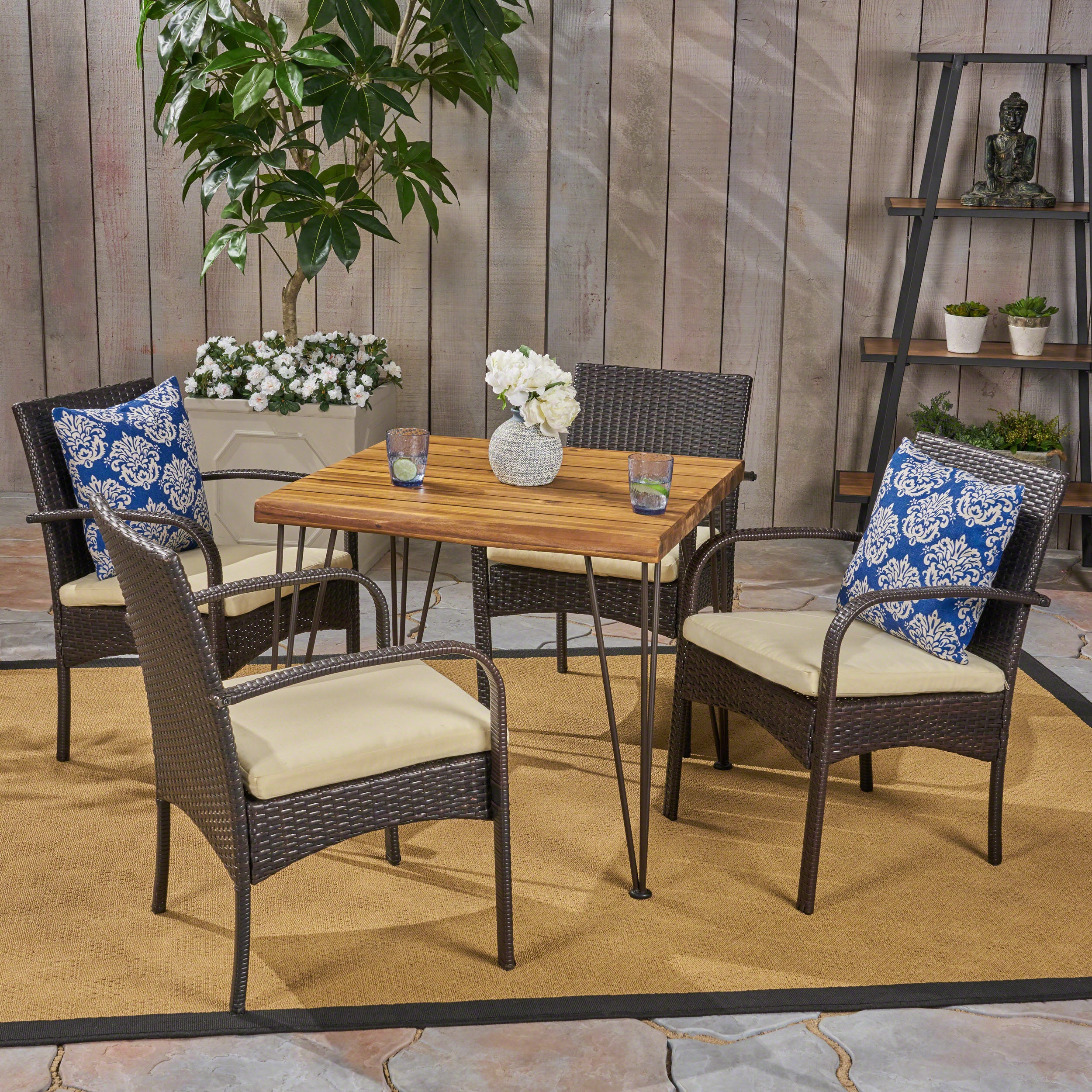 Brady Outdoor Industrial Wood and Wicker 5 Piece Square Dining Set, Teak and Multi Brown and Cr¨¨me - furnishings