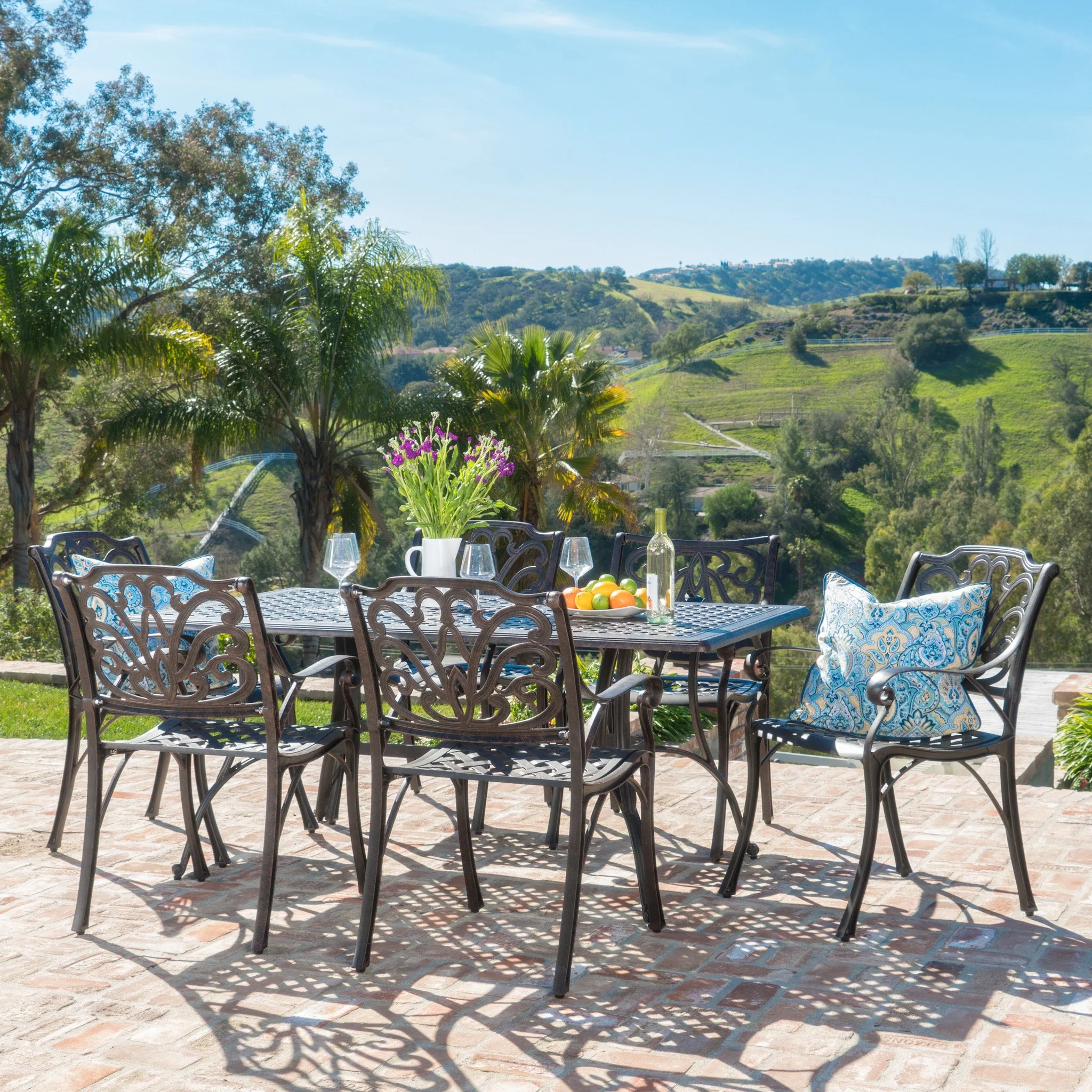 Fonzo Outdoor 7 Piece Bronze Cast Aluminum Rectangular Dining Set - furnishings