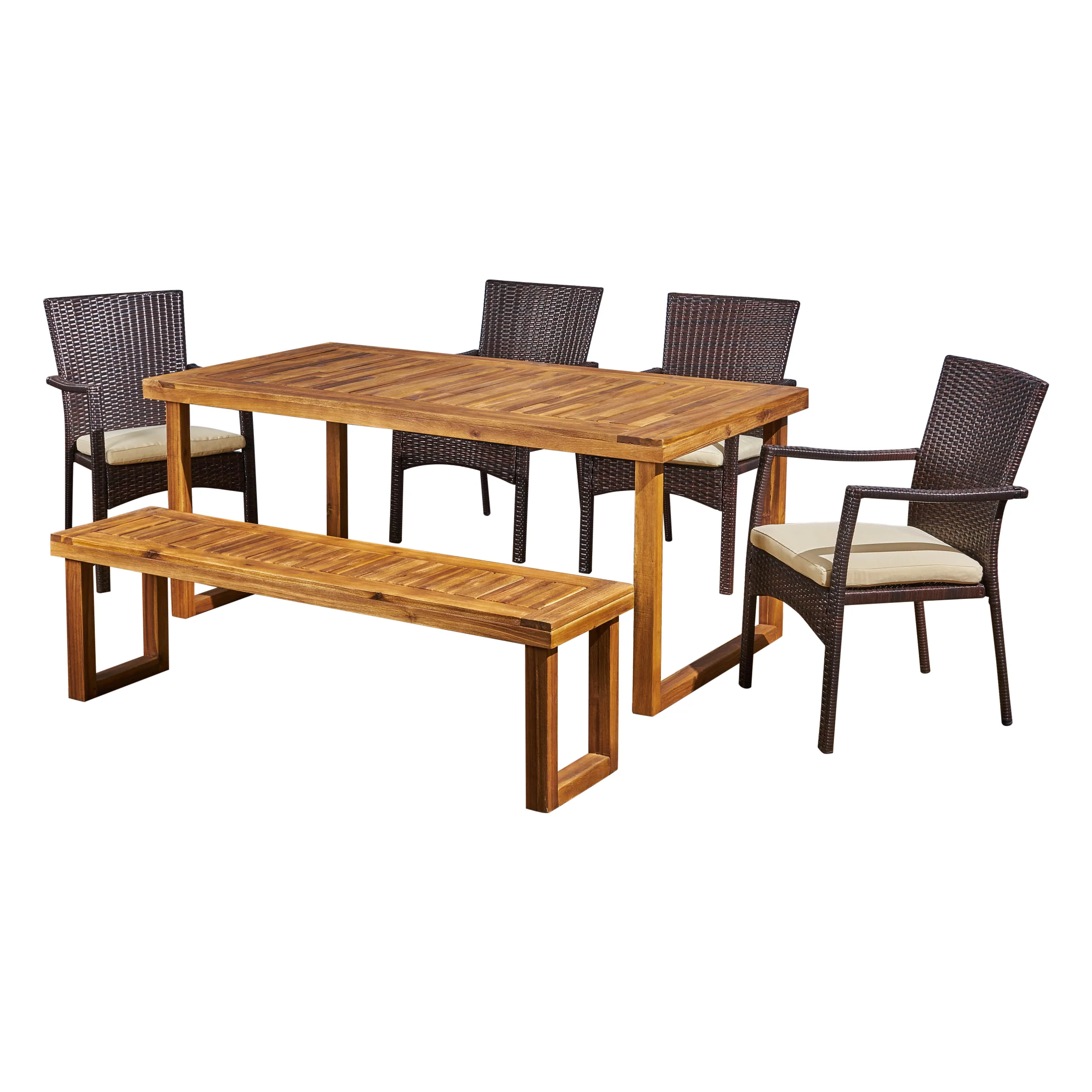 Dawn Outdoor 6-Seater Wood and Wicker Chair and Bench Dining Set - furnishings