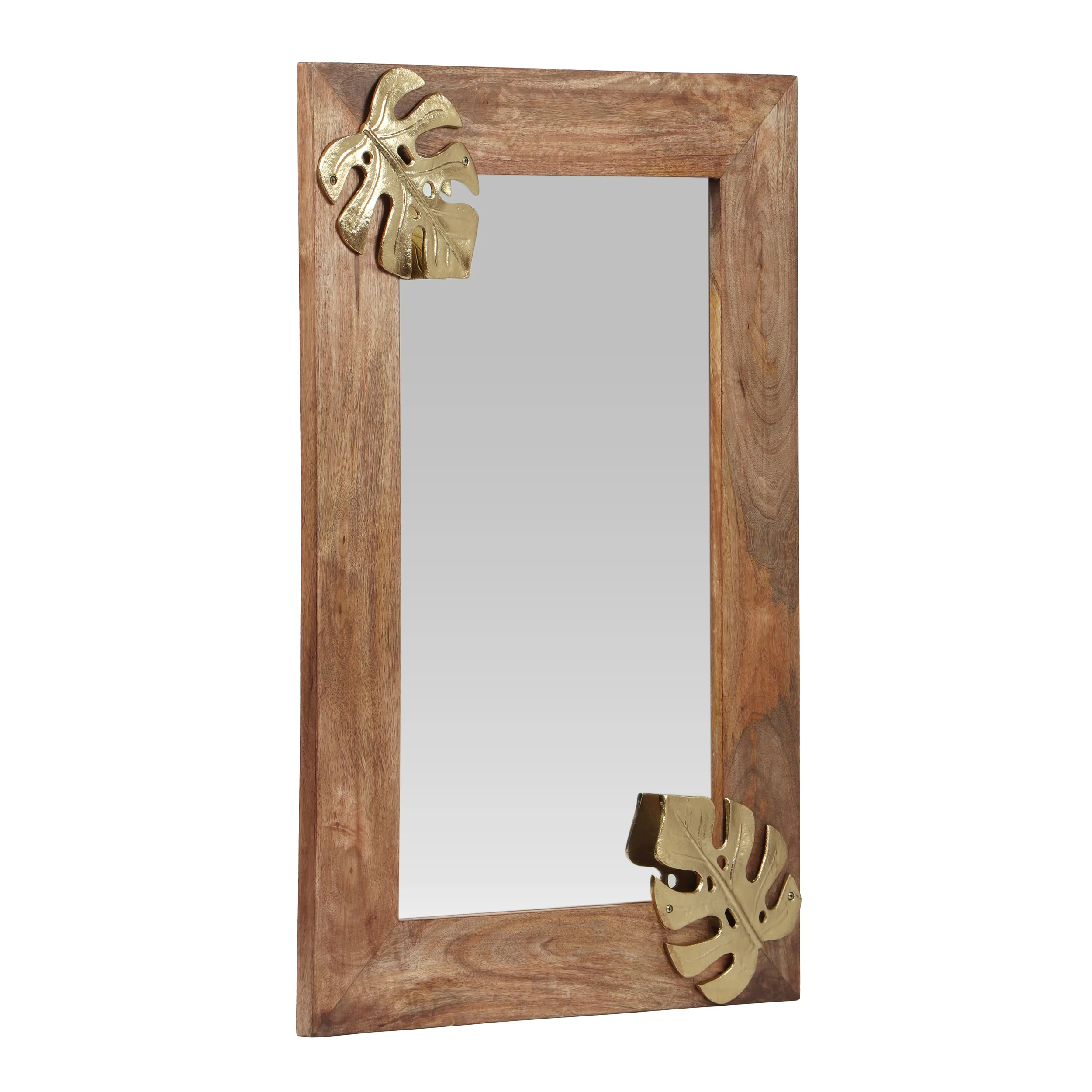 Greenler Boho Handcrafted Rectangular Mango Wood Wall Mirror, Natural and Antique Gold - furnishings