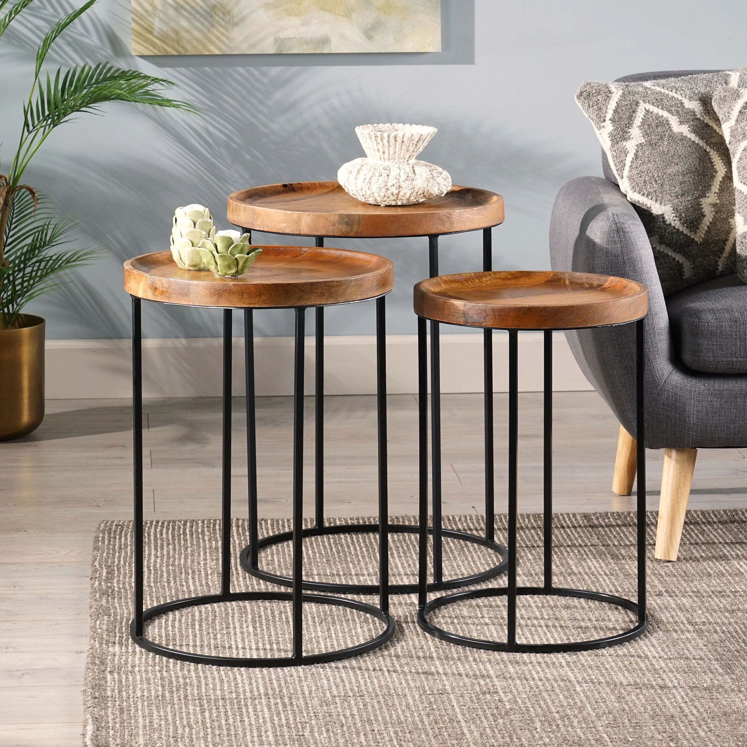 Colwill Modern Industrial Handcrafted Mango Wood Nested Side Tables (Set of 3), Natural and Black - furnishings