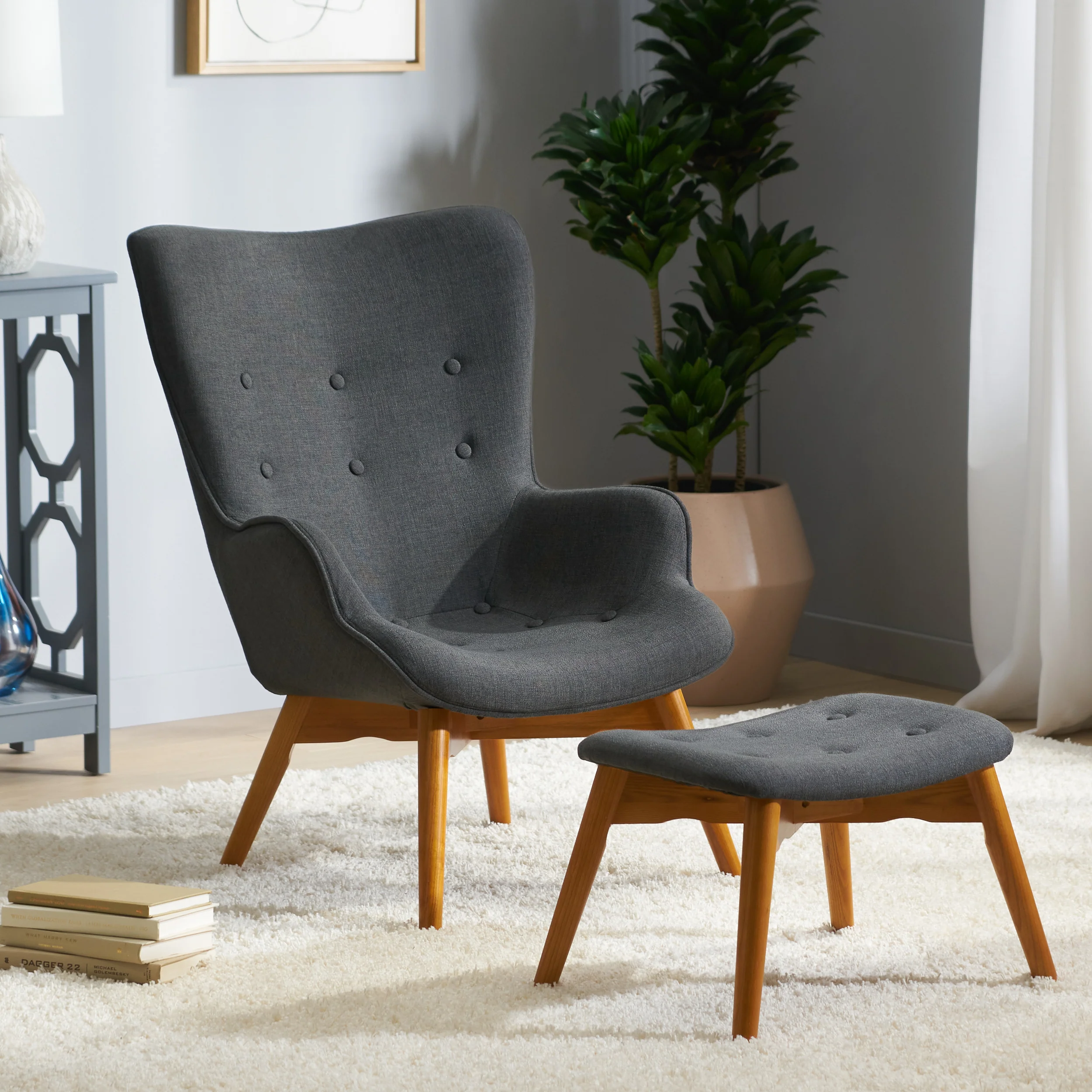Acantha Mid-Century Modern Wingback Fabric Chair and Ottoman Set - furnishings