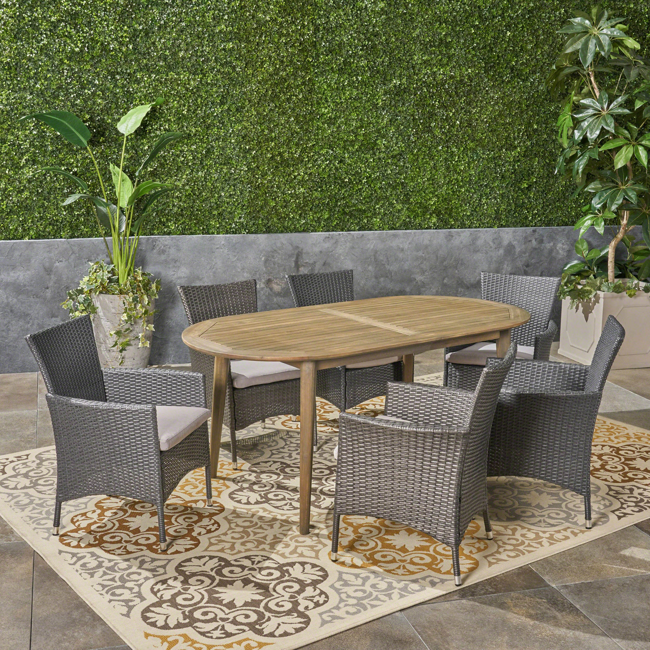 Stanford Outdoor 7-Piece Acacia Wood Dining Set with Wicker Chairs and Cushions - furnishings