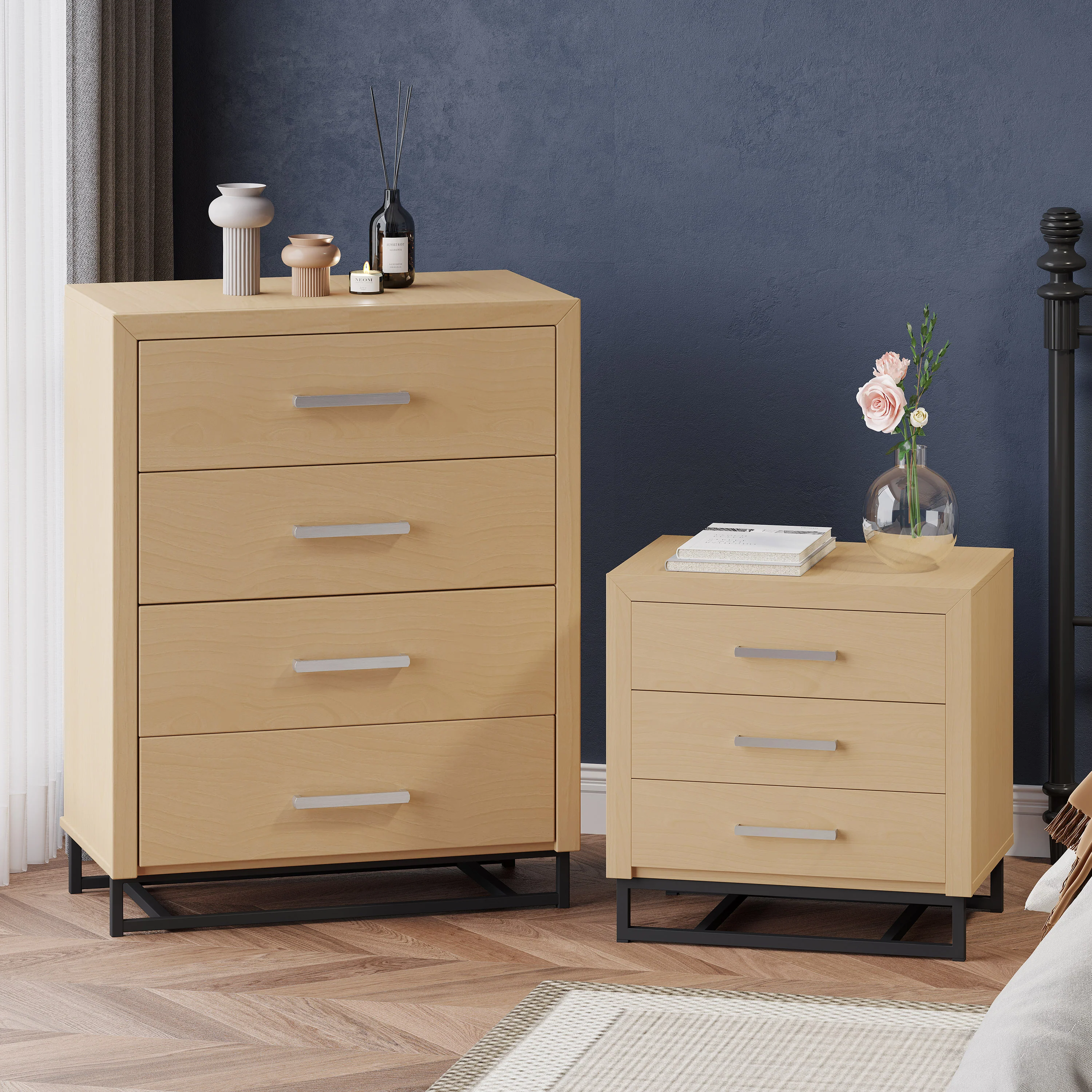 Borah Contemporary Faux Wood 2 Piece 4 Drawer Dresser and Nightstand Bedroom Set - furnishings