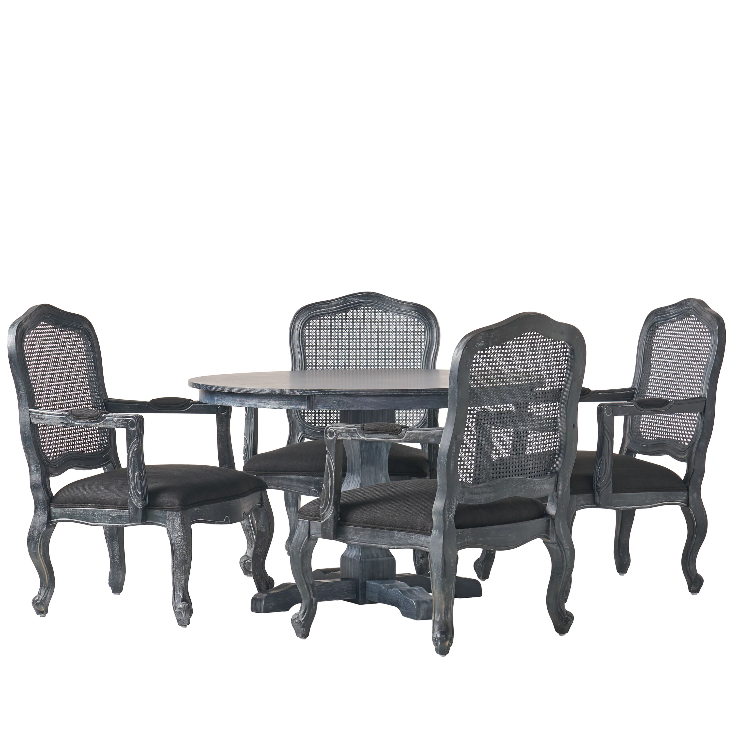 Absaroka French Country Fabric Upholstered Wood and Cane 5 Piece Circular Dining Set - furnishings