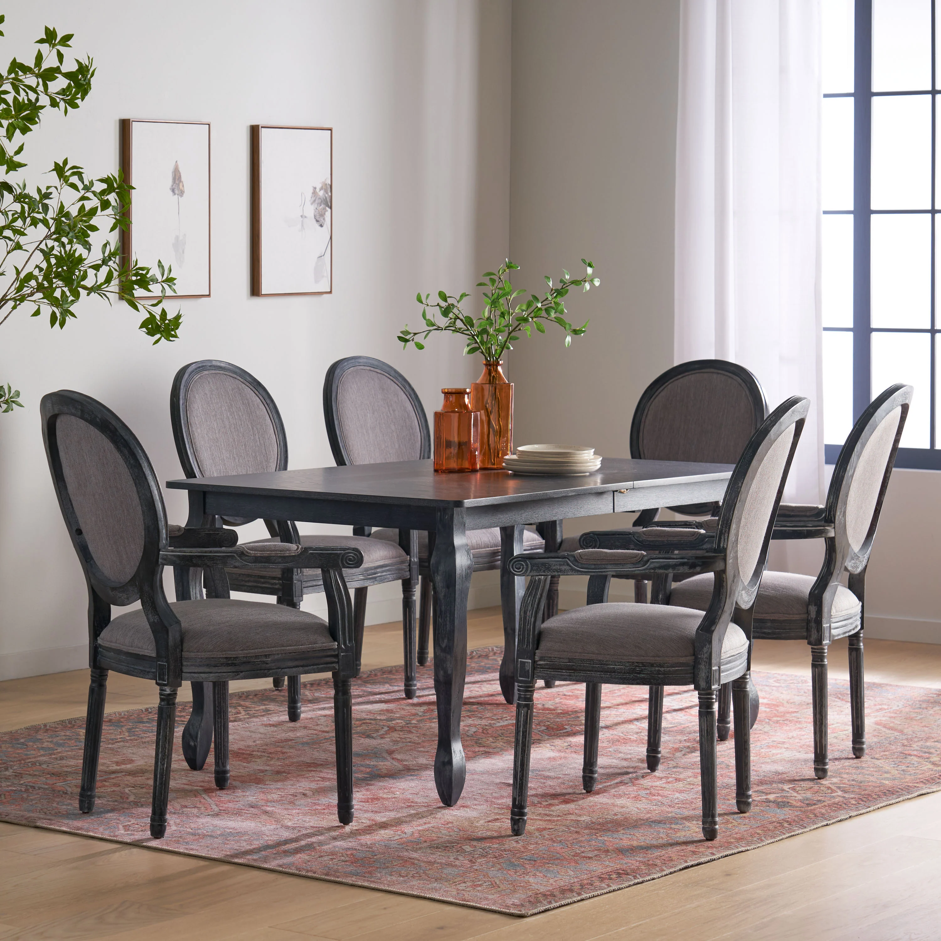 Comisky French Country Fabric Upholstered Wood Expandable 7 Piece Dining Set - furnishings