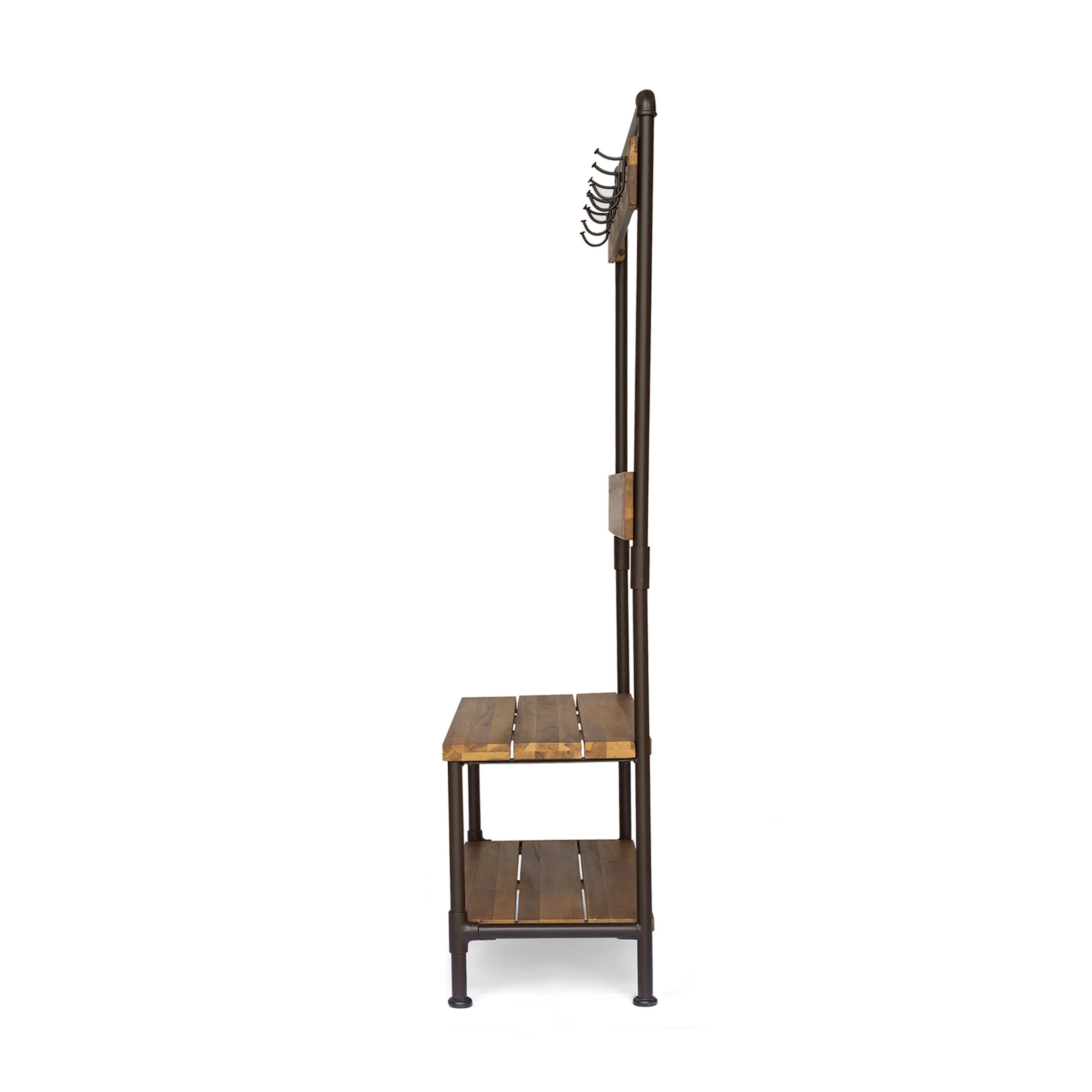 Dahl Outdoor Industrial Acacia and Iron Bench with Shelf and Coat Hooks - furnishings
