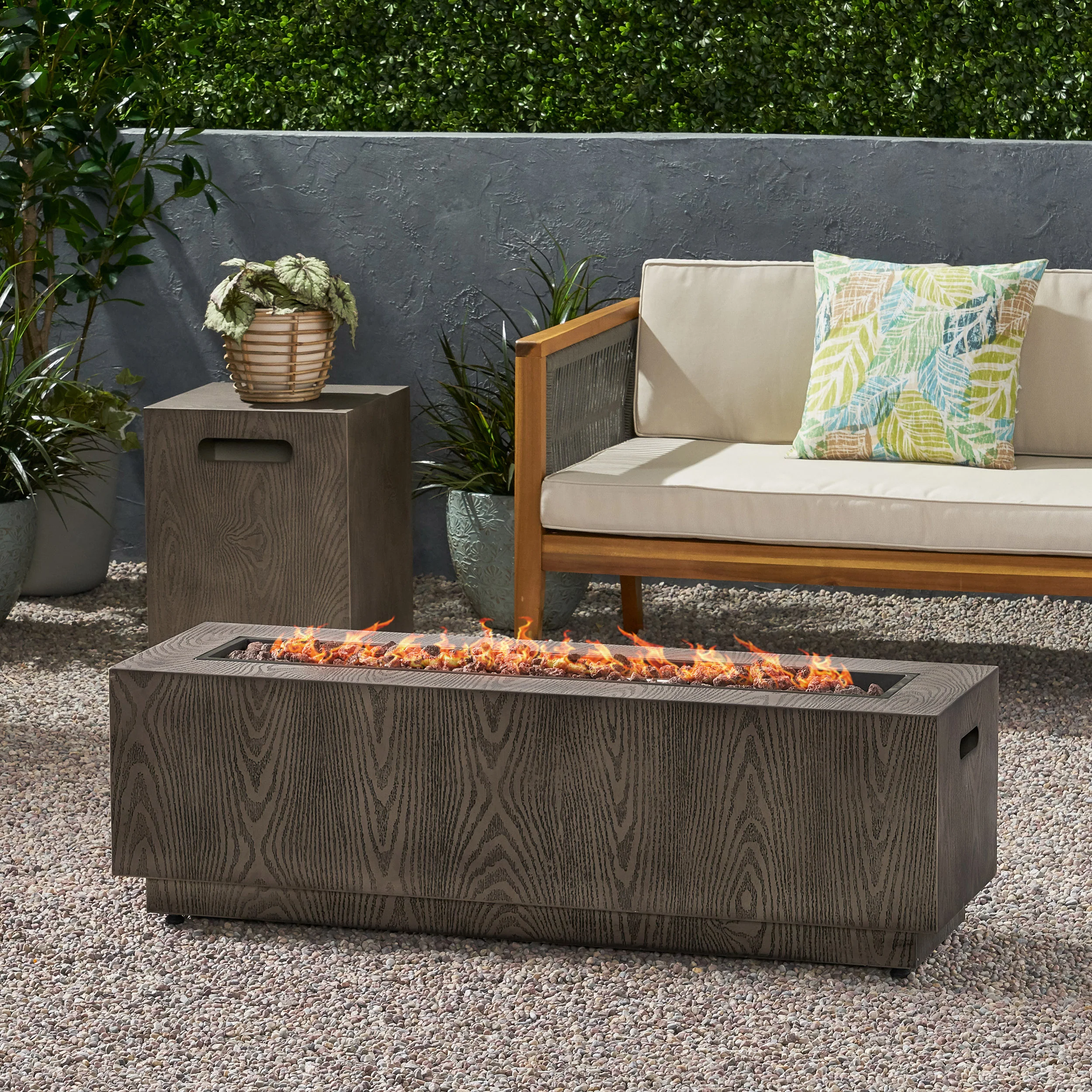 Jasmine Rectangular Wood Finish Propane Fire Pit - furnishings