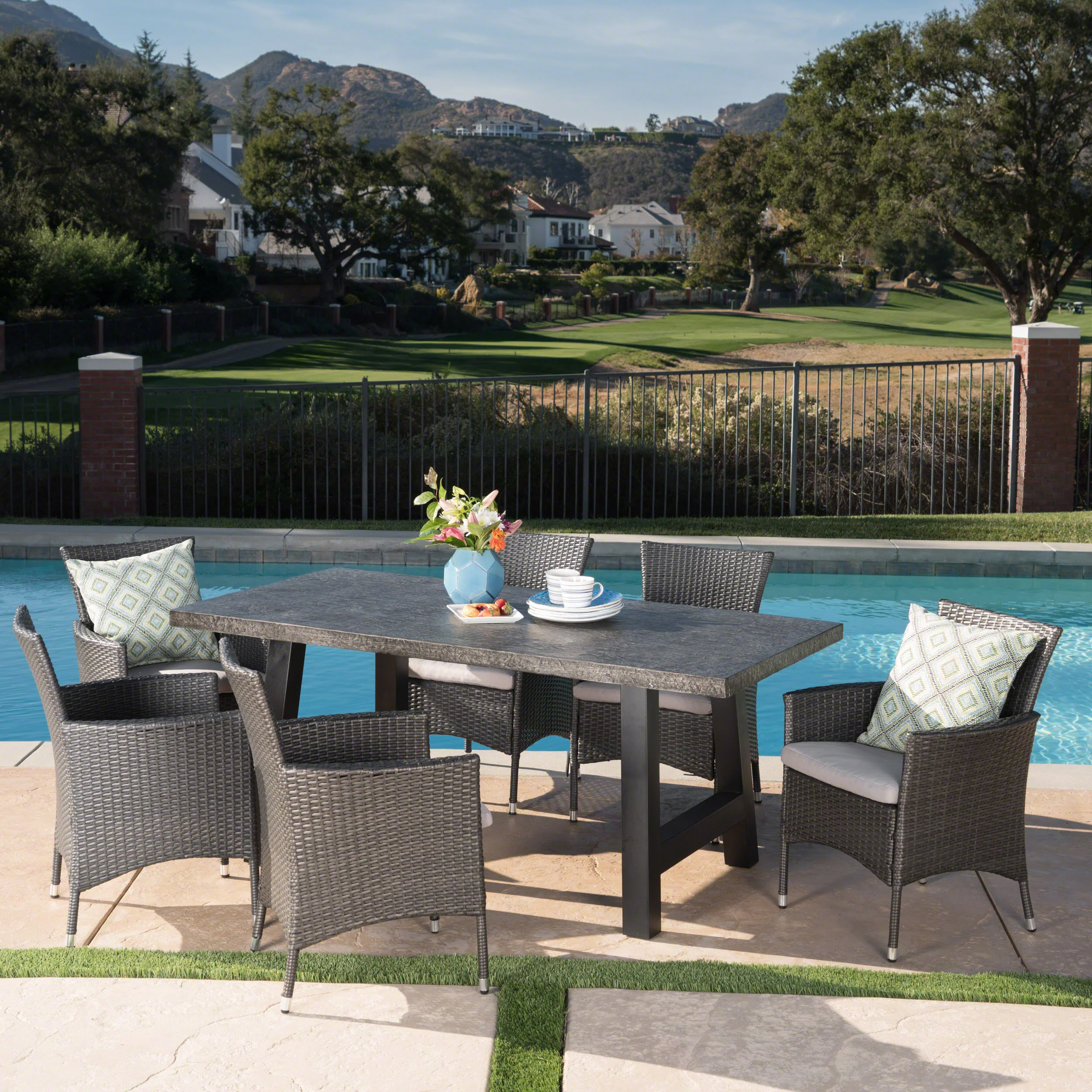 Muriel Outdoor 7 Piece Wicker Dining Set with Light Weight Concrete Dining Table - furnishings