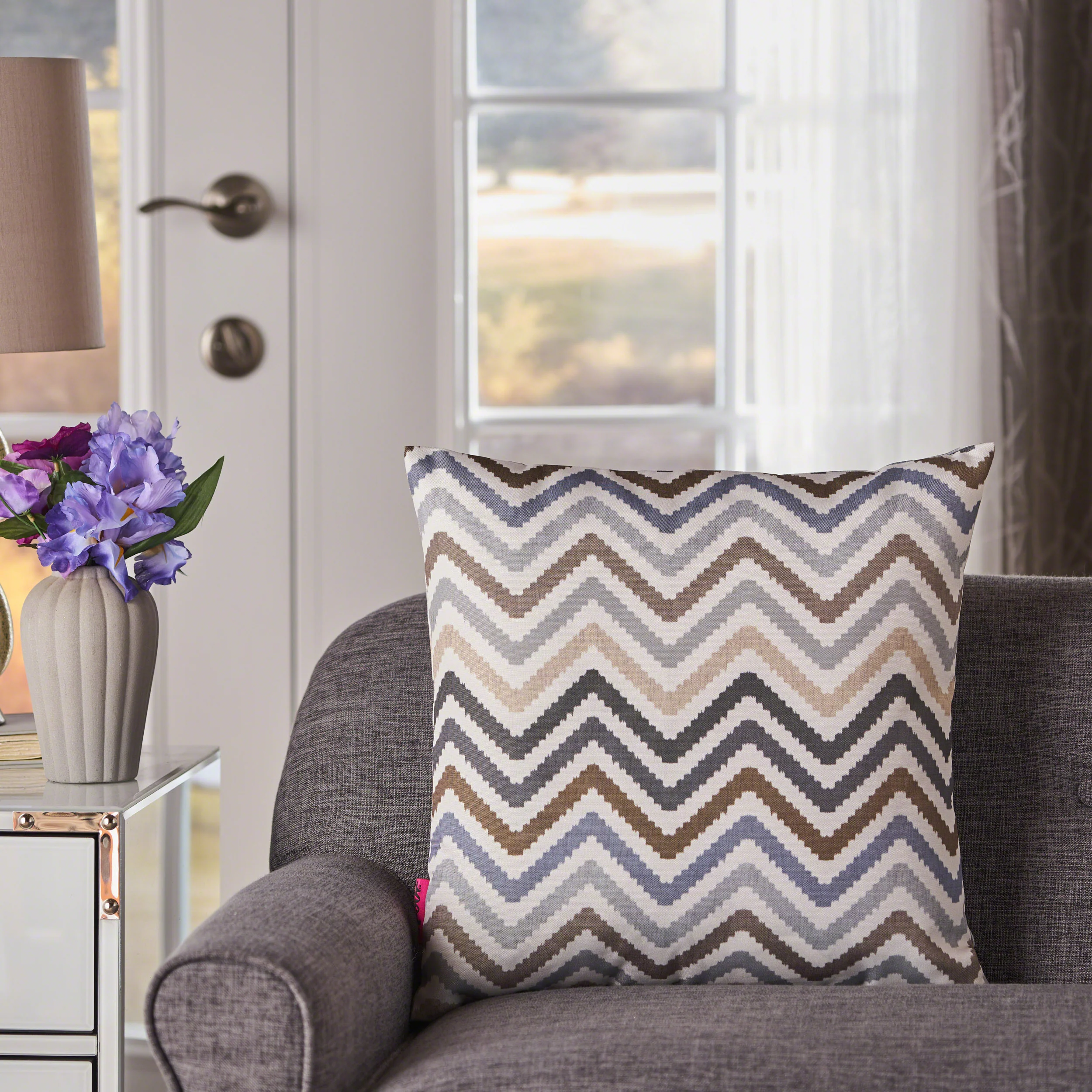 Callon Indoor Grey, Blue, and Brown Zig Zag Striped Water Resistant Square Throw Pillow - furnishings