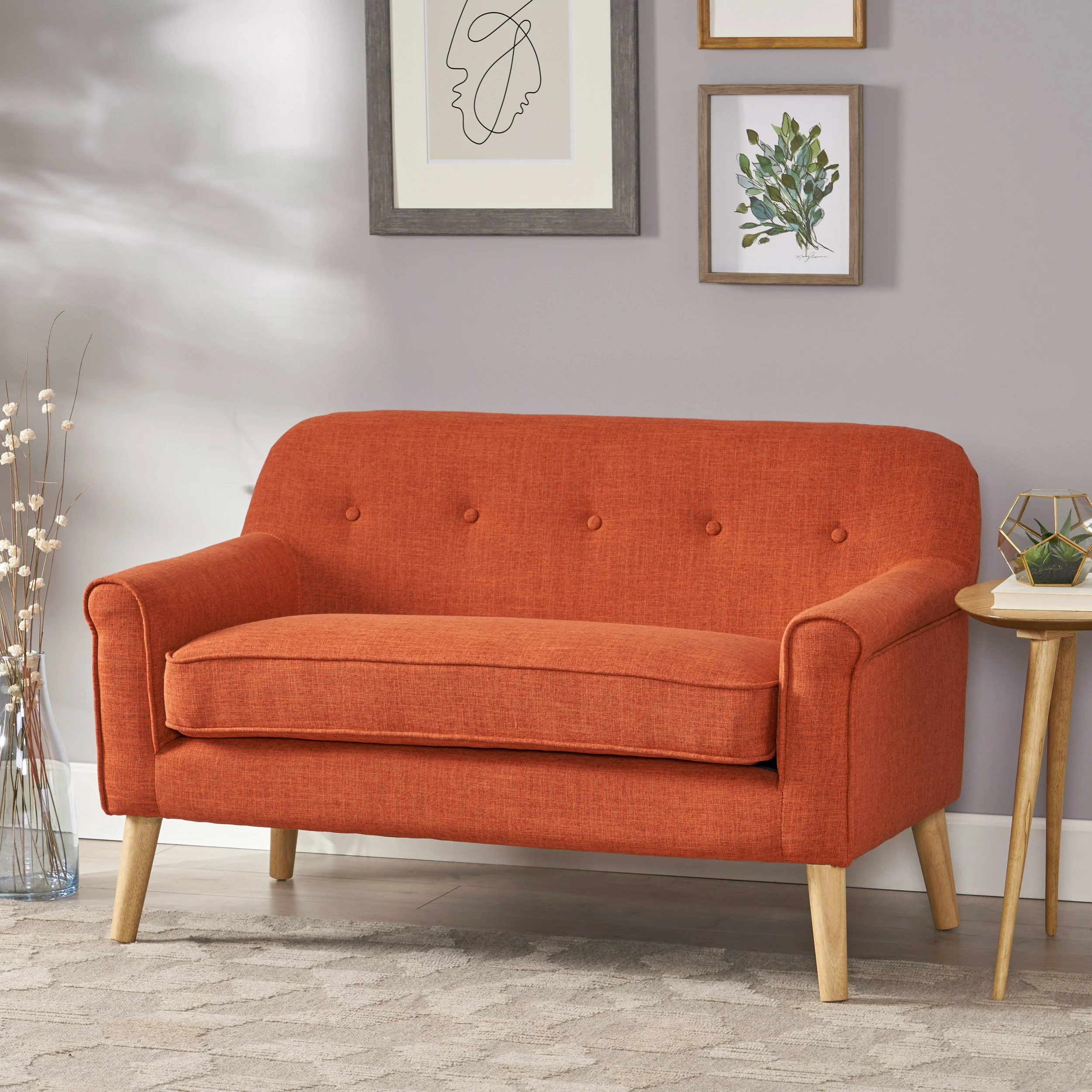 Mia Mid-Century Modern Button Tufted Fabric Upholstered Loveseat w/ Tapered Legs - furnishings