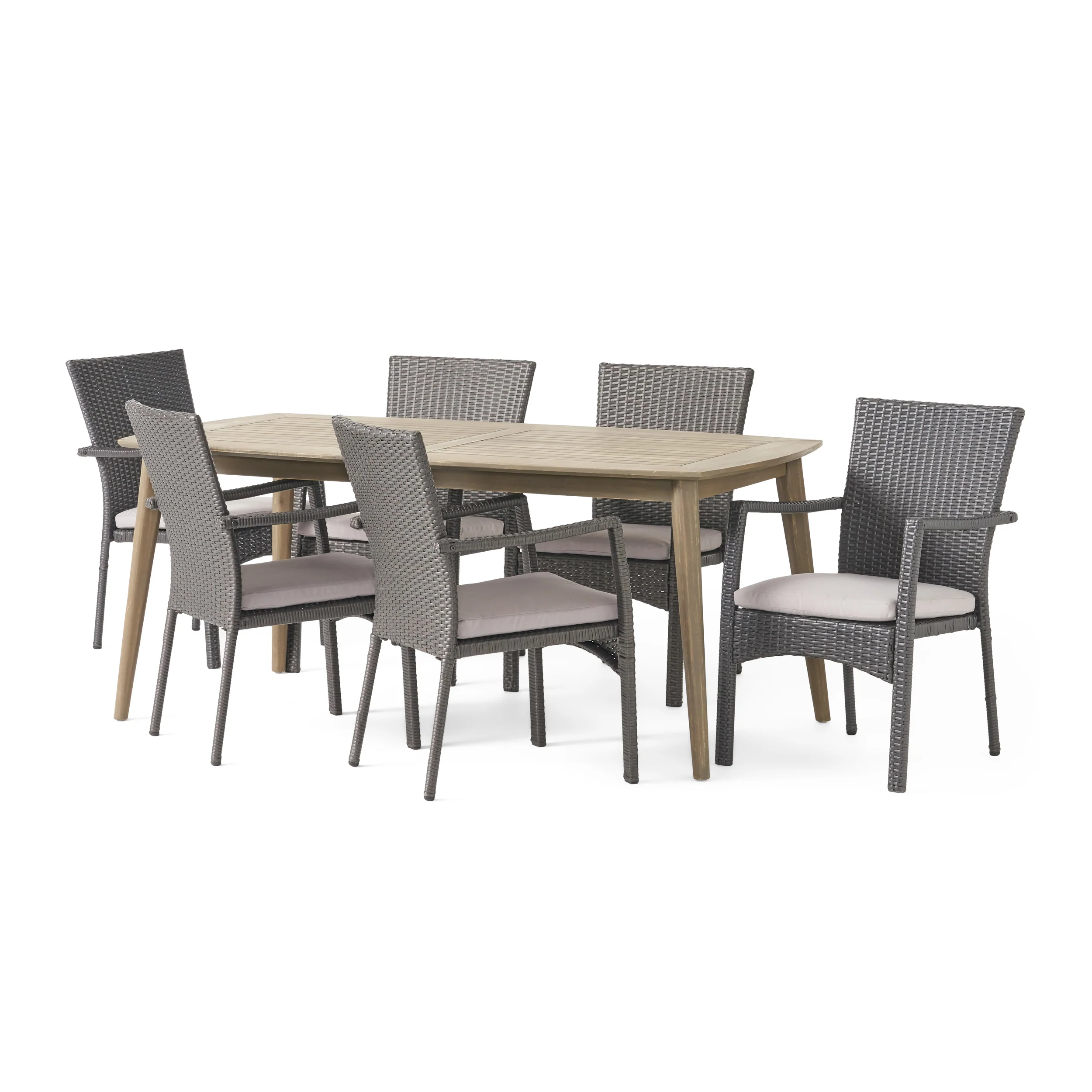 Lowell Outdoor 7 Piece Wood and Wicker Dining Set, Gray and Gray - furnishings