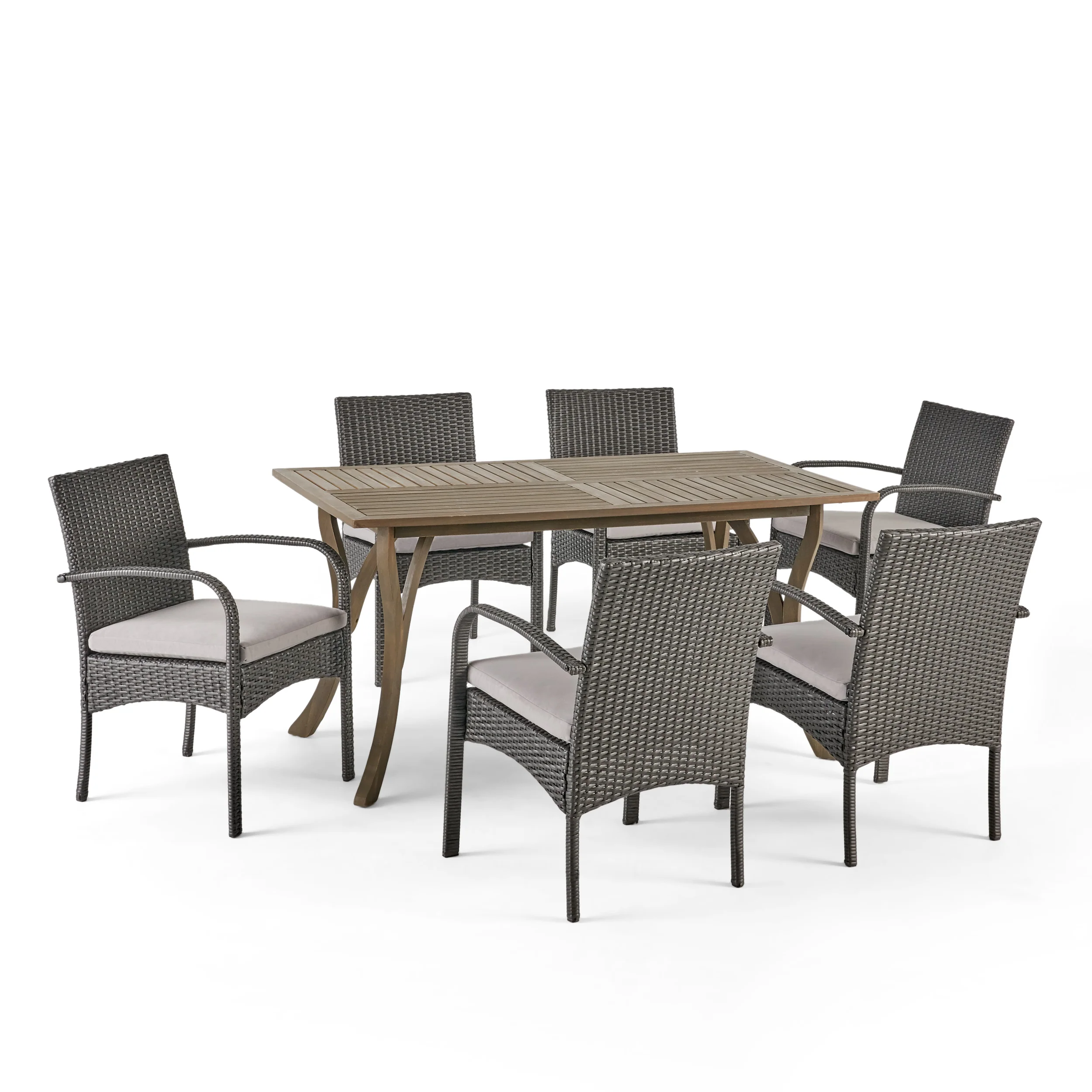 Rene Outdoor 7 Piece Wood and Wicker Dining Set, Gray and Gray - furnishings