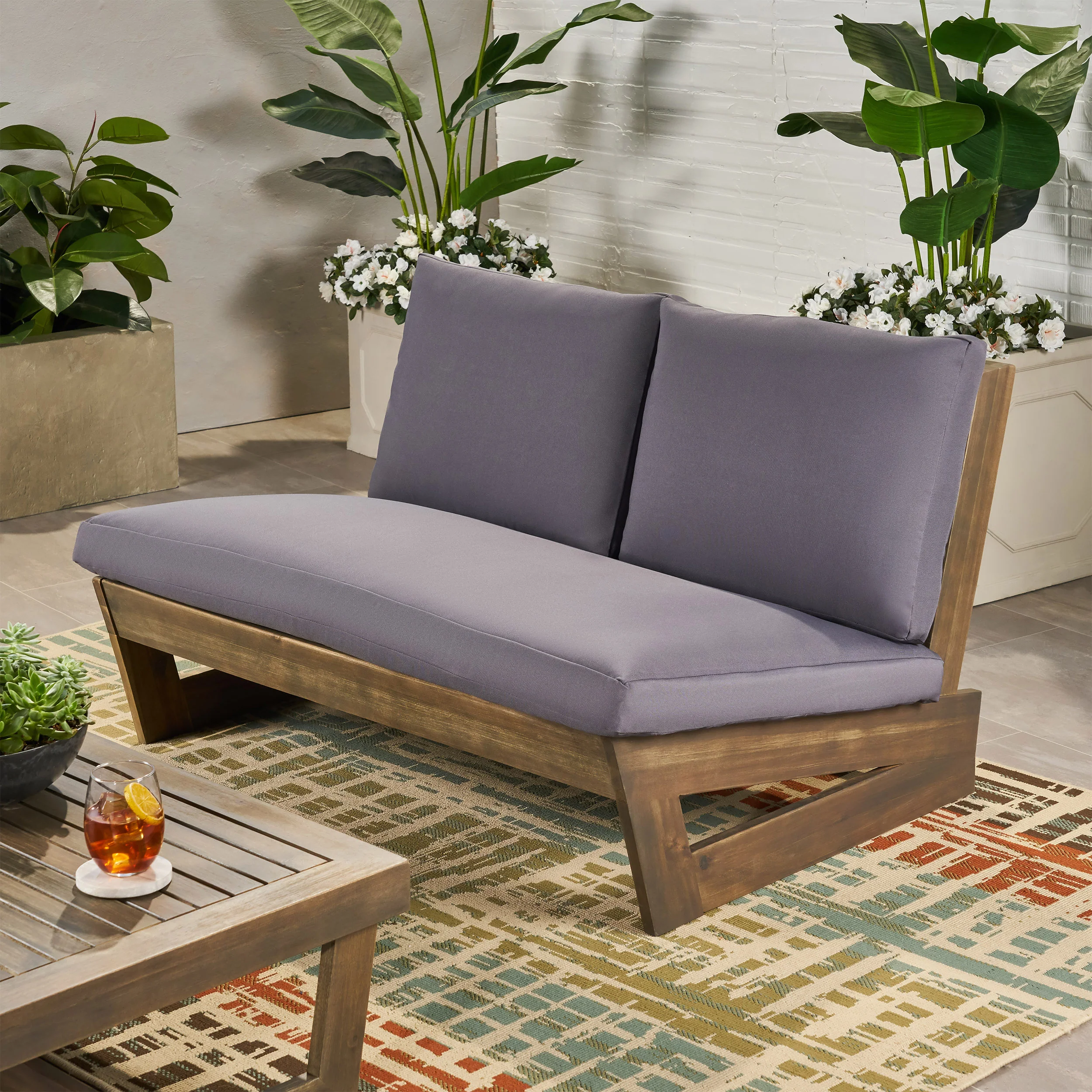 Emma Outdoor Acacia Wood Loveseat with Cushions - furnishings