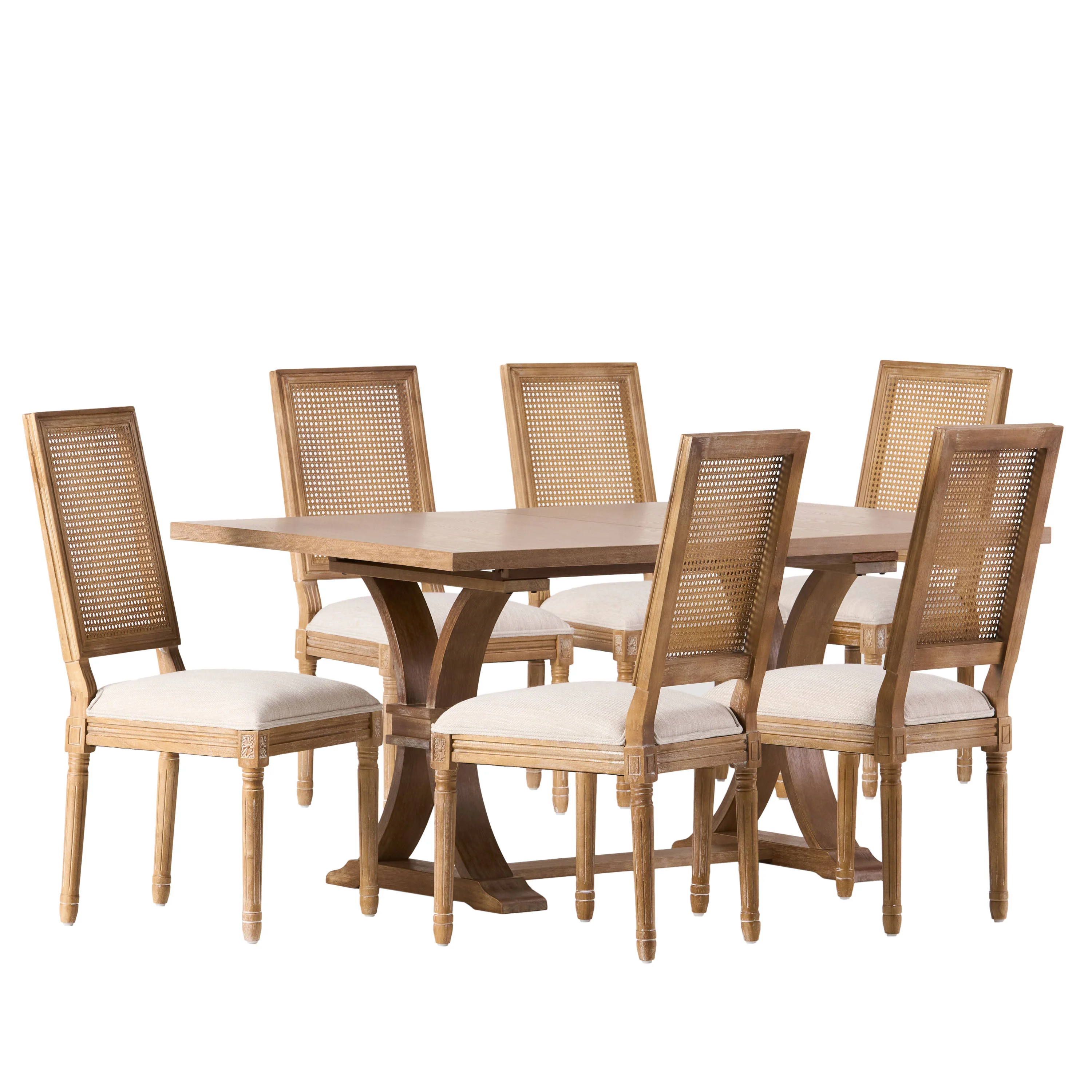 Brownell French Country Fabric Upholstered Wood and Cane 7 Piece Expandable Dining Set - furnishings
