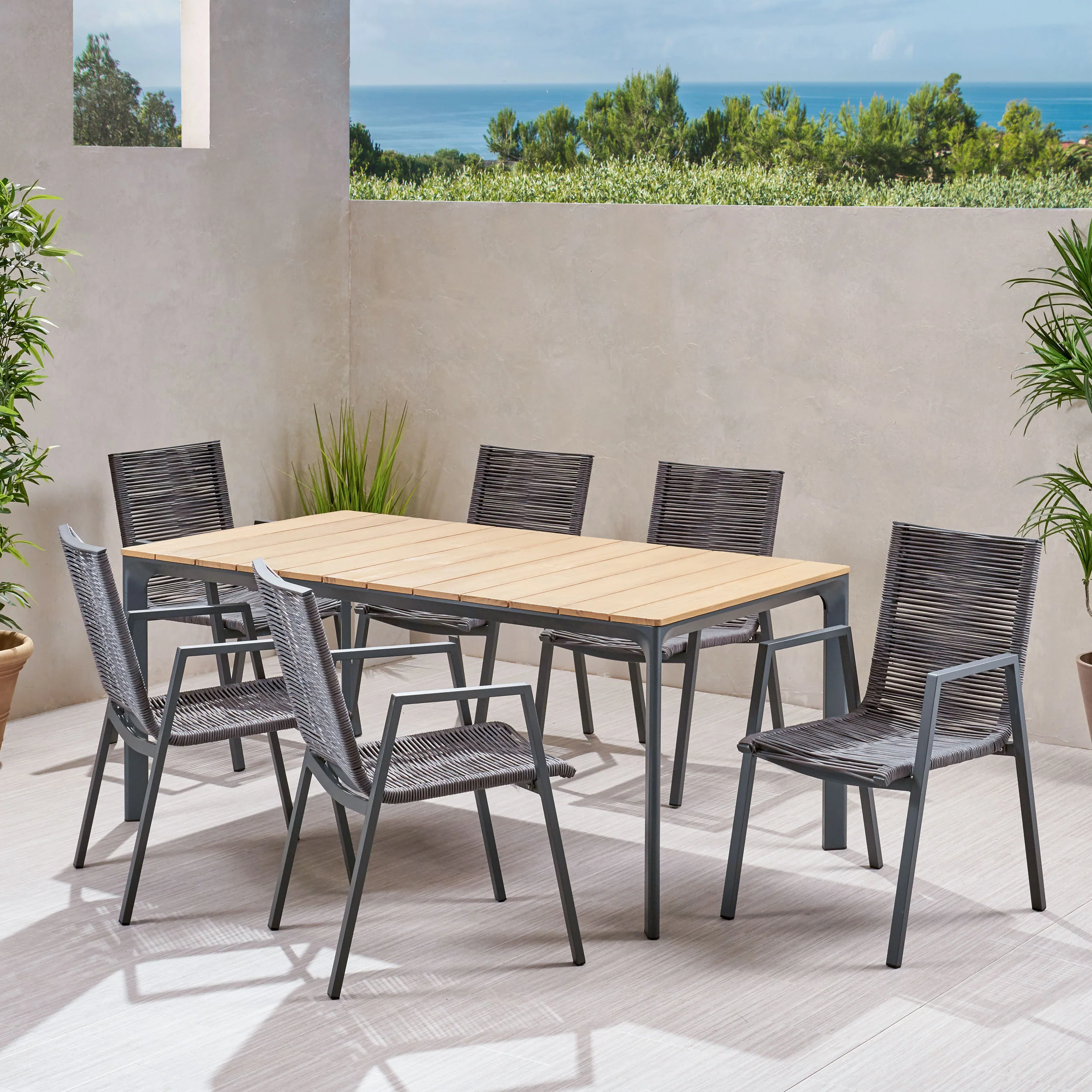 Severide Outdoor Modern 6 Seater Aluminum Dining Set with Eucalyptus Table Top - furnishings