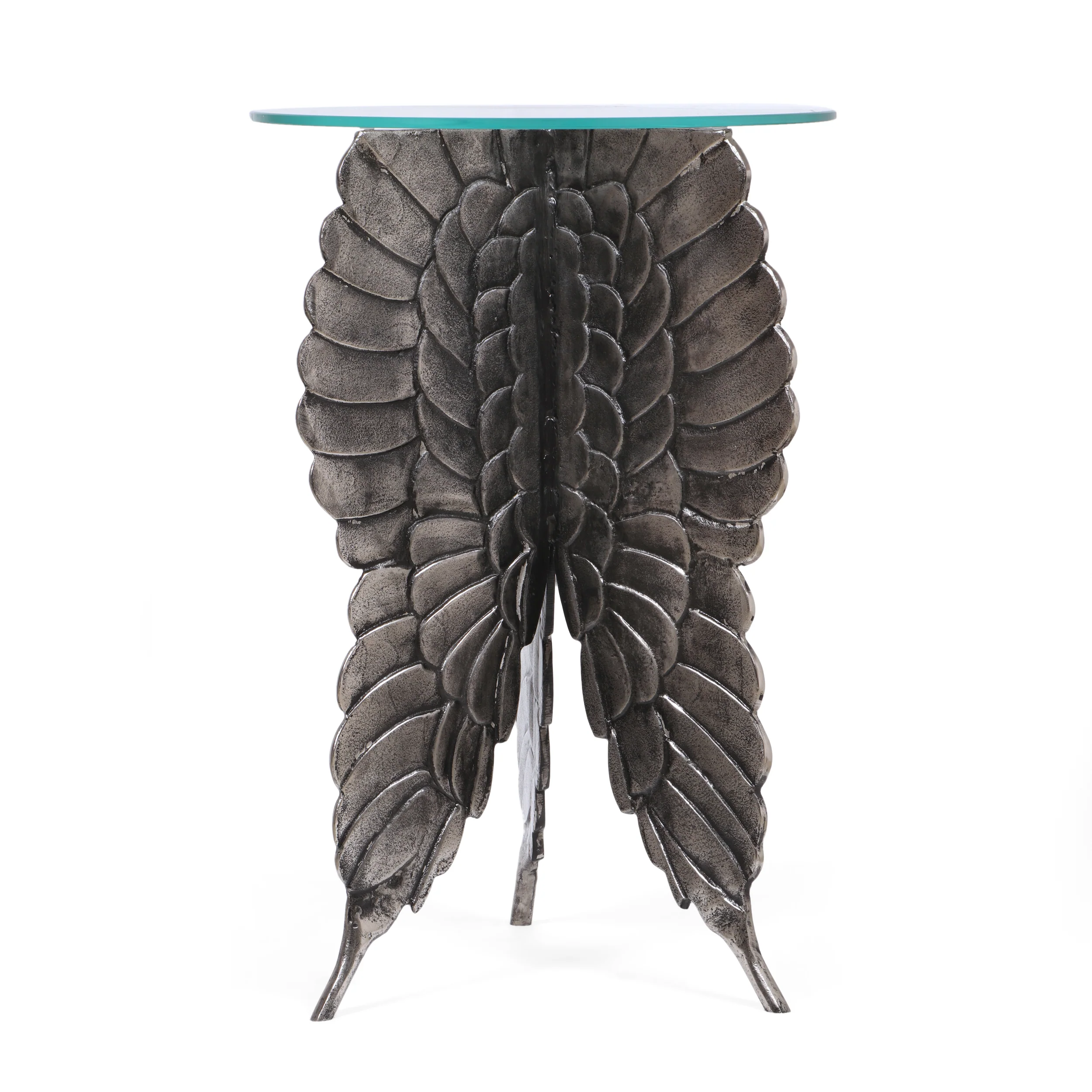 Hardt Boho Glam Handcrafted Aluminum Fairy Wing Accent Table with Glass Top, Antique Nickel - furnishings