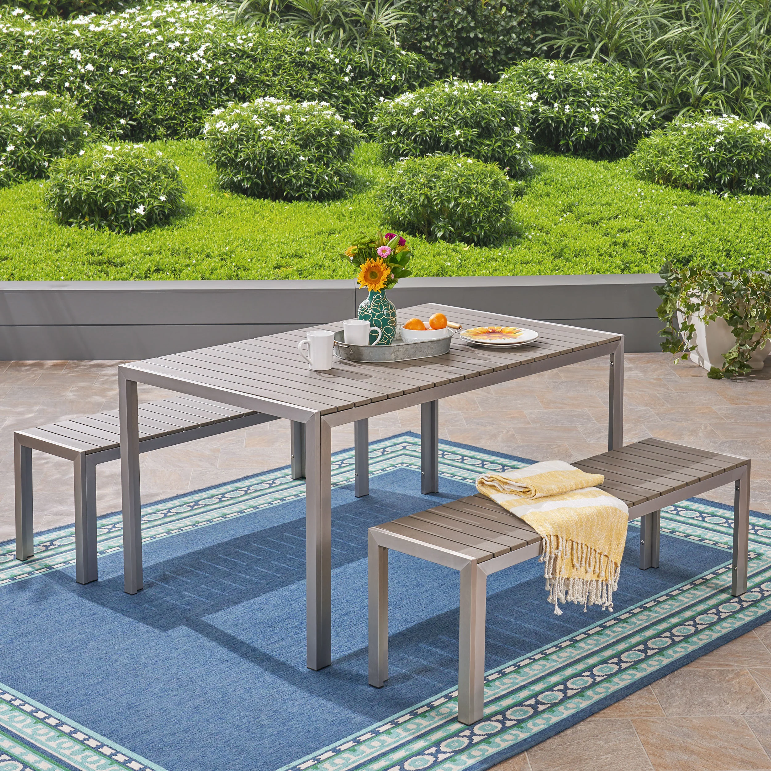 Butler Outdoor Aluminum Picnic Set with Faux Wood Top, Silver and Natural - furnishings