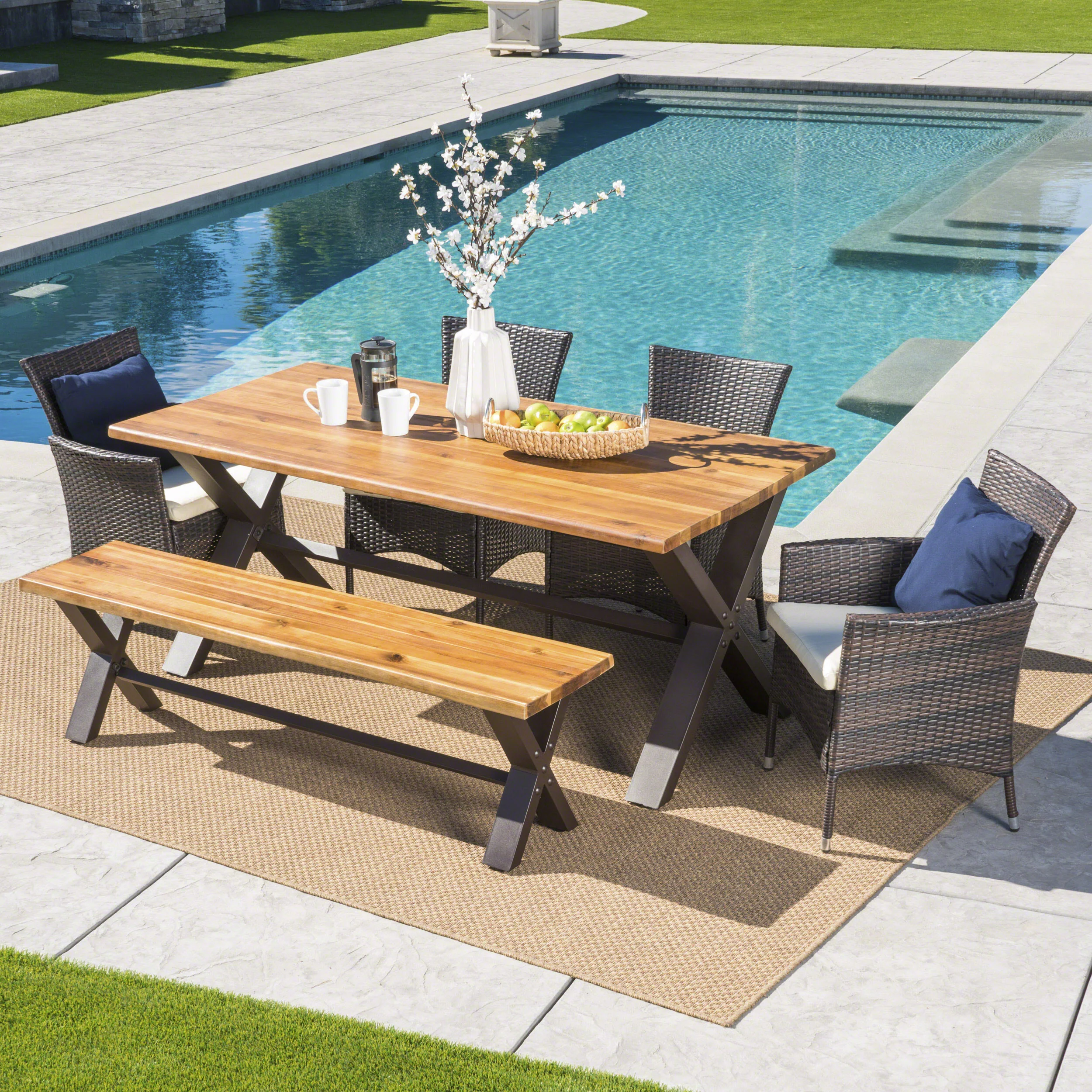 Trellis Outdoor 6 Piece Acacia Wood Dining Set with Wicker Dining Chairs - furnishings