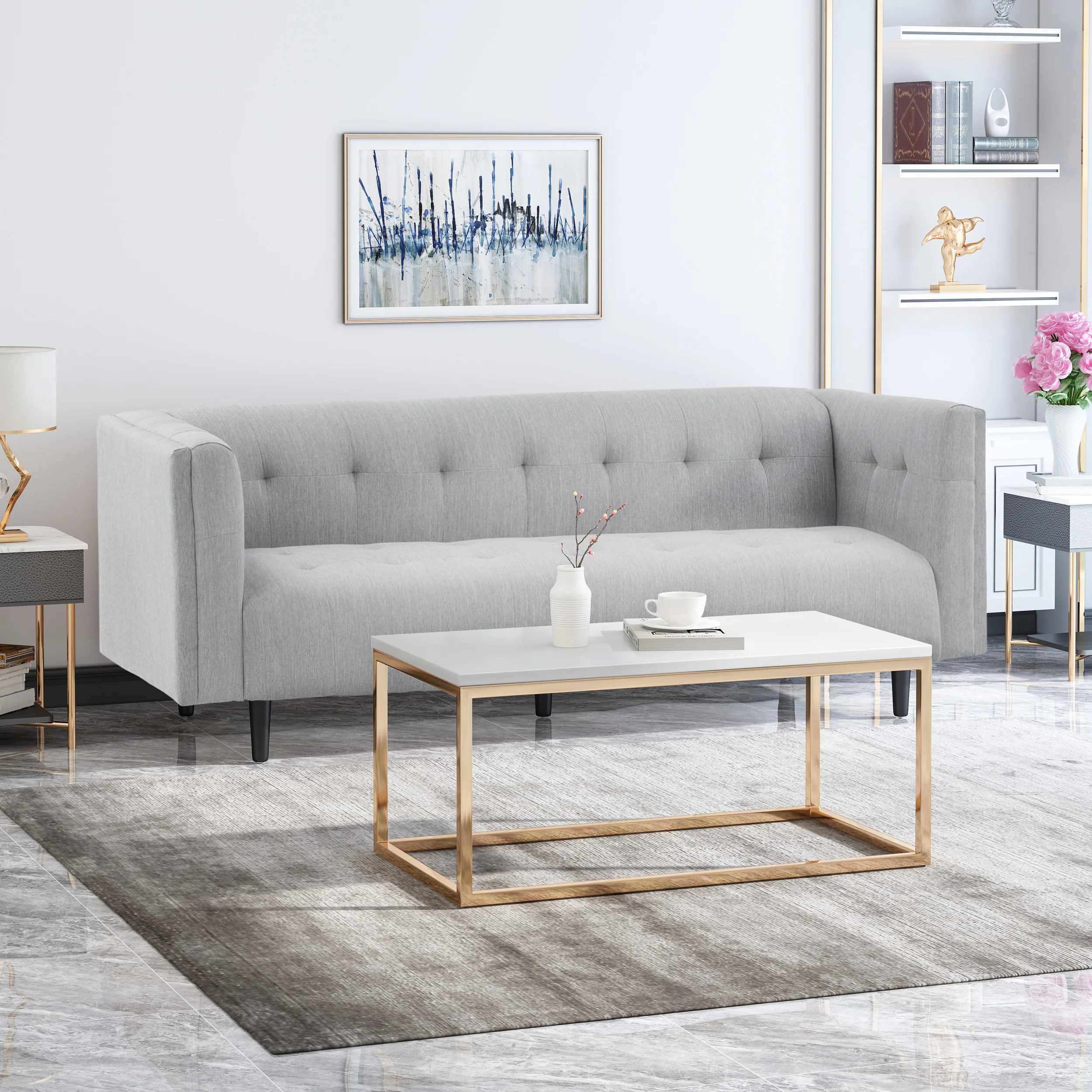 Kennedii Mid-Century Modern Fabric Upholstered Tufted 3 Seater Sofa - furnishings