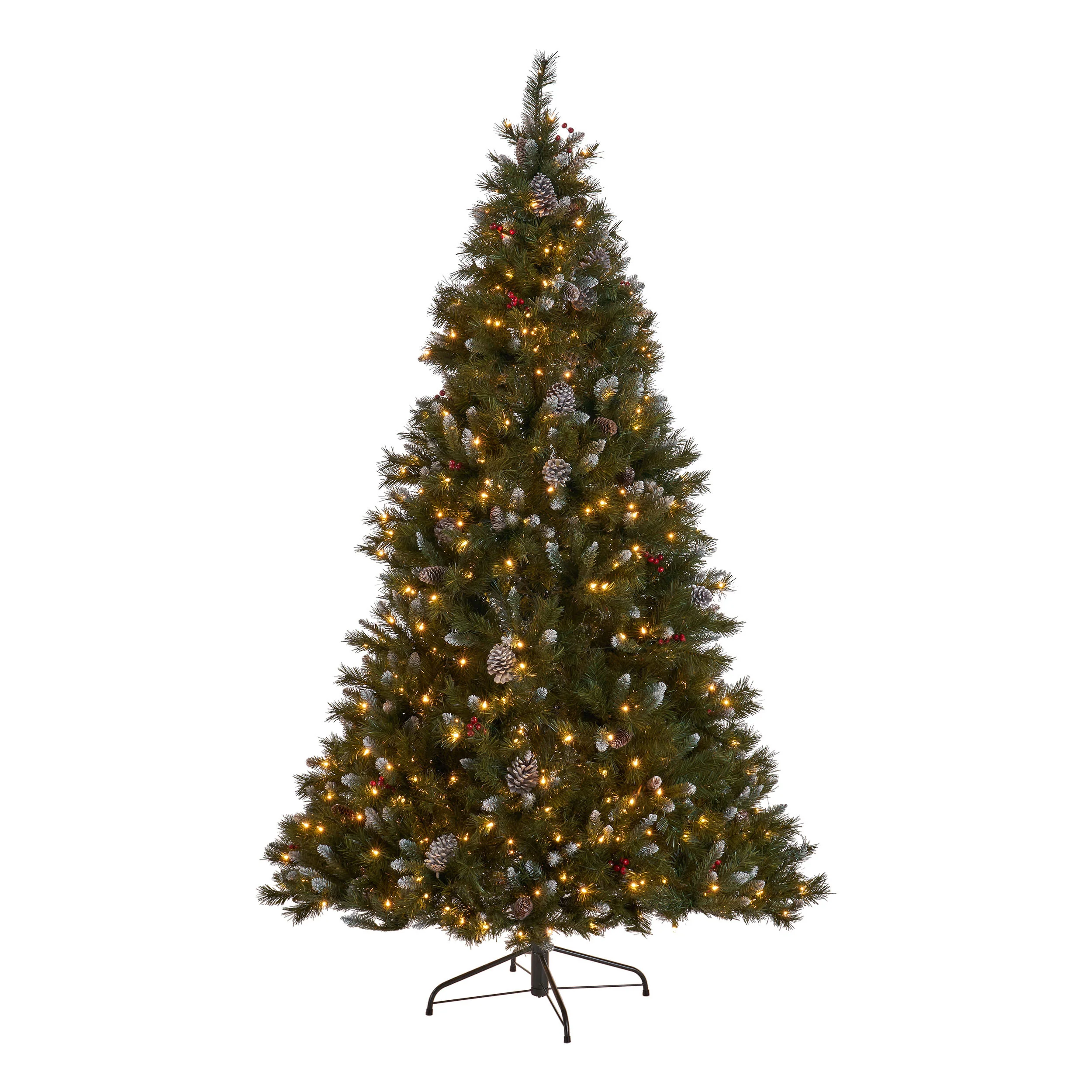 7-foot Mixed Spruce Hinged Artificial Christmas Tree with Frosted Branches, Red Berries, and Frosted Pinecones - furnishings