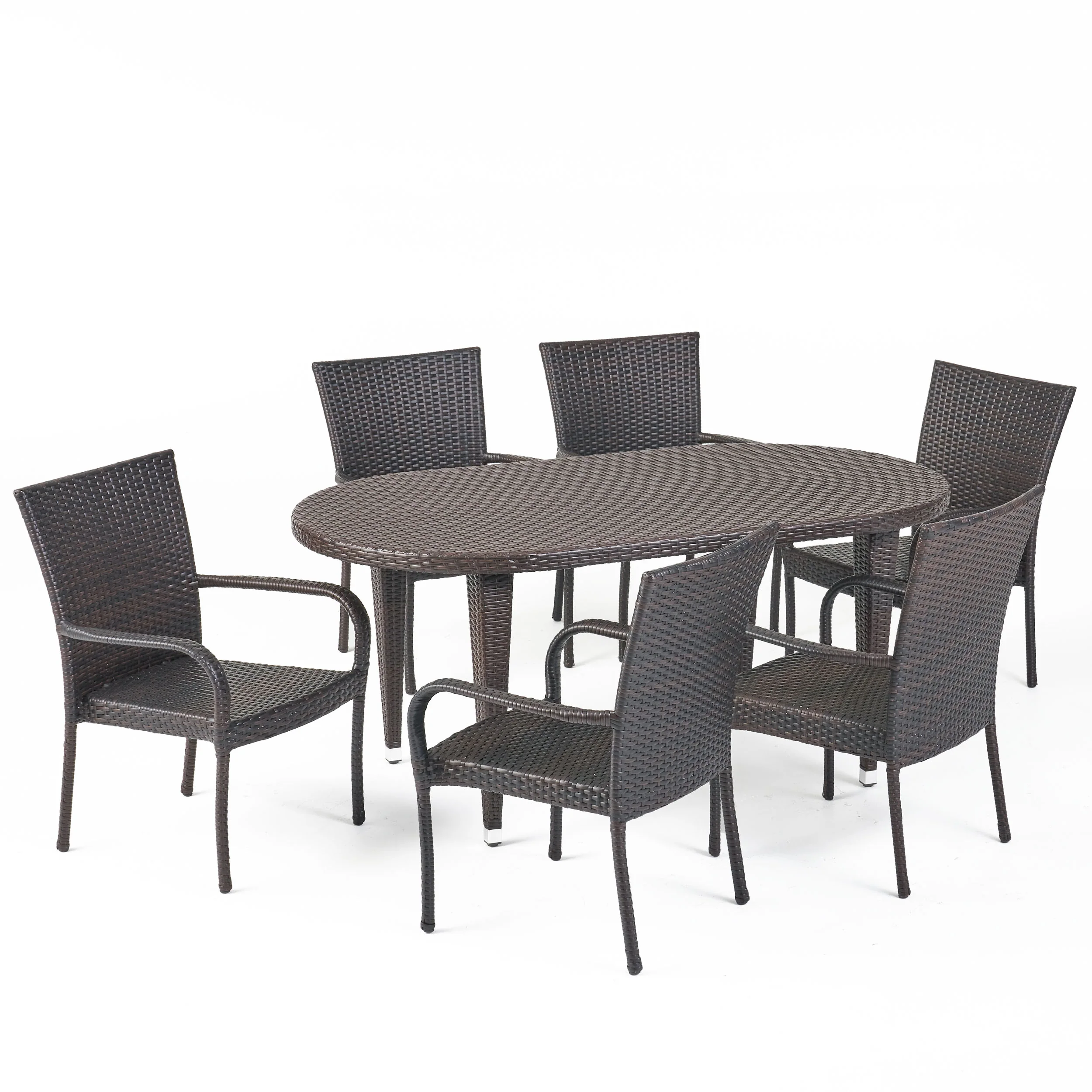 Sophilynn Outdoor 7 Piece Multi-brown Wicker Oval Dining Set with Stacking Chairs - furnishings
