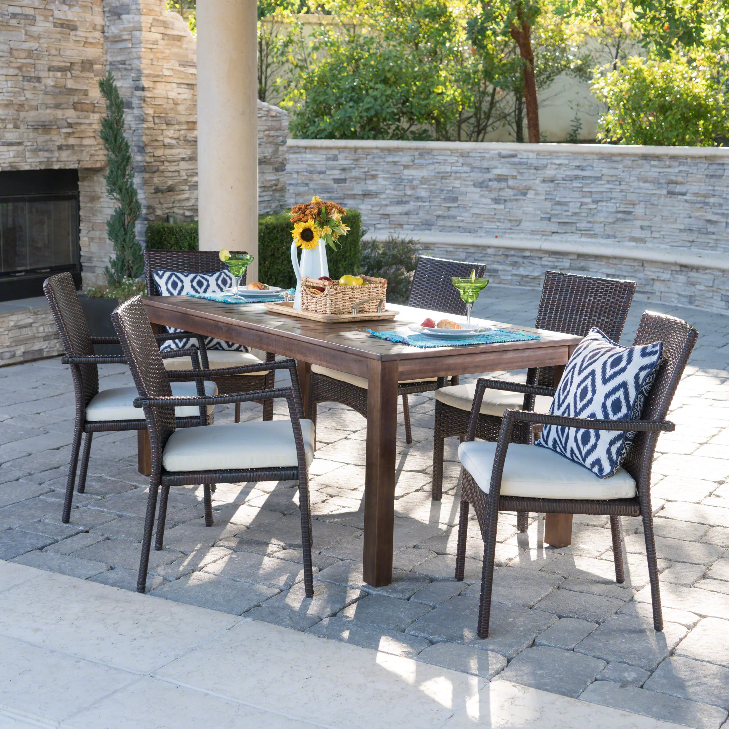Goodman Outdoor 7 Piece Dining Set with Dark Brown Finished Wood Table and Chairs - furnishings