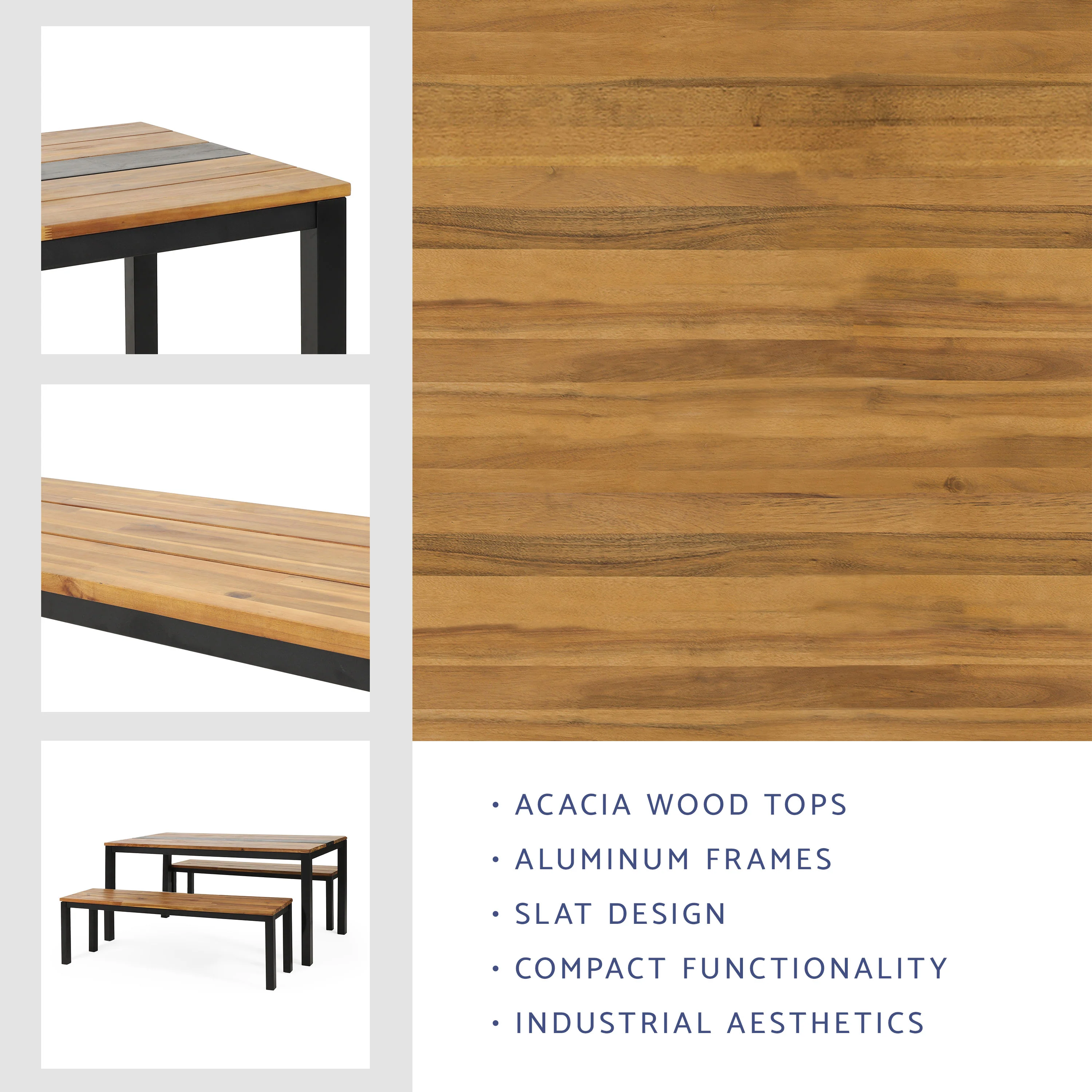 Colcord Outdoor Modern Industrial Acacia Wood 3 Piece Picnic Set, Teak and Black - furnishings