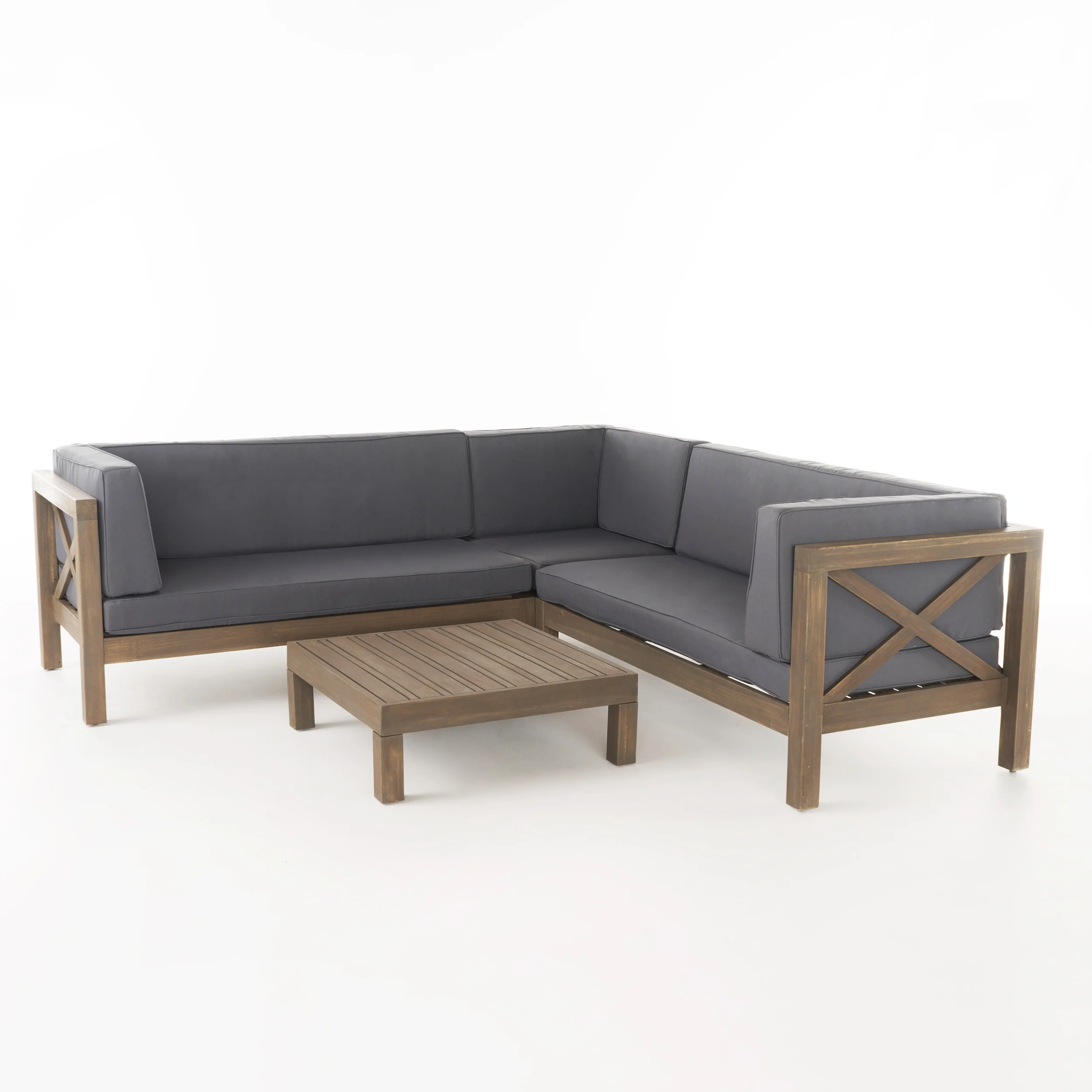 Brava Outdoor 4 Piece V-Shaped Acacia Wood Sectional Sofa and Coffee Table Set - furnishings
