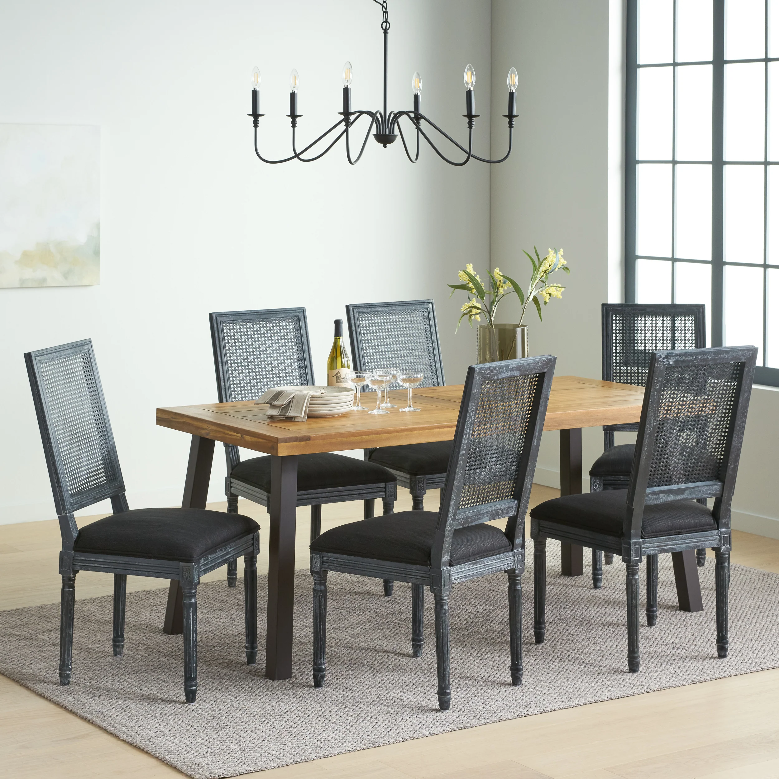 Whitten Farmhouse Fabric Upholstered Wood and Cane 7 Piece Dining Set - furnishings
