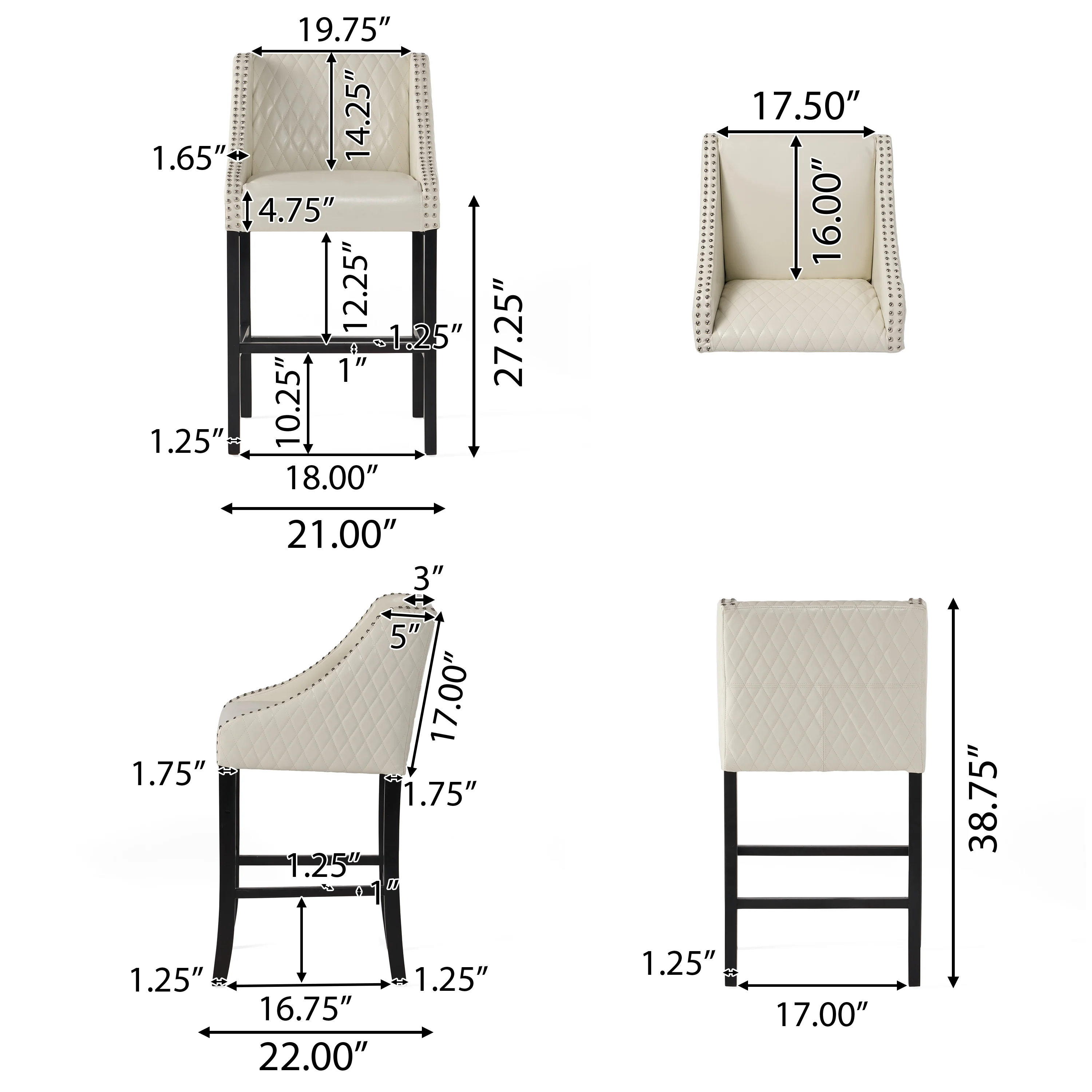 Filton Contemporary Quilted Ivory Leather Counterstool with Nailhead Accents - furnishings