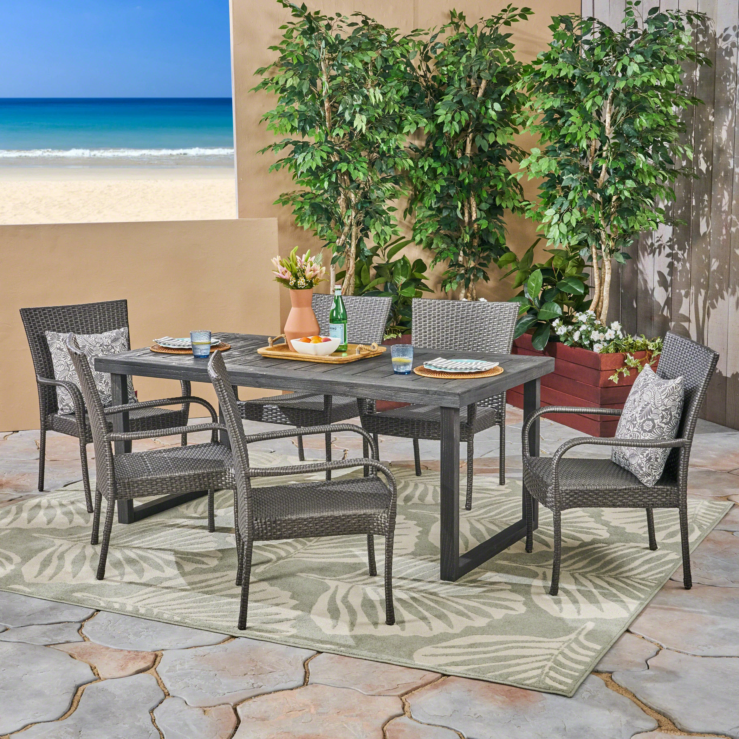 Salome Outdoor 7 Piece Acacia Wood Dining Set with Stacking Wicker Chairs, Sandblast Dark Gray and Gray - furnishings