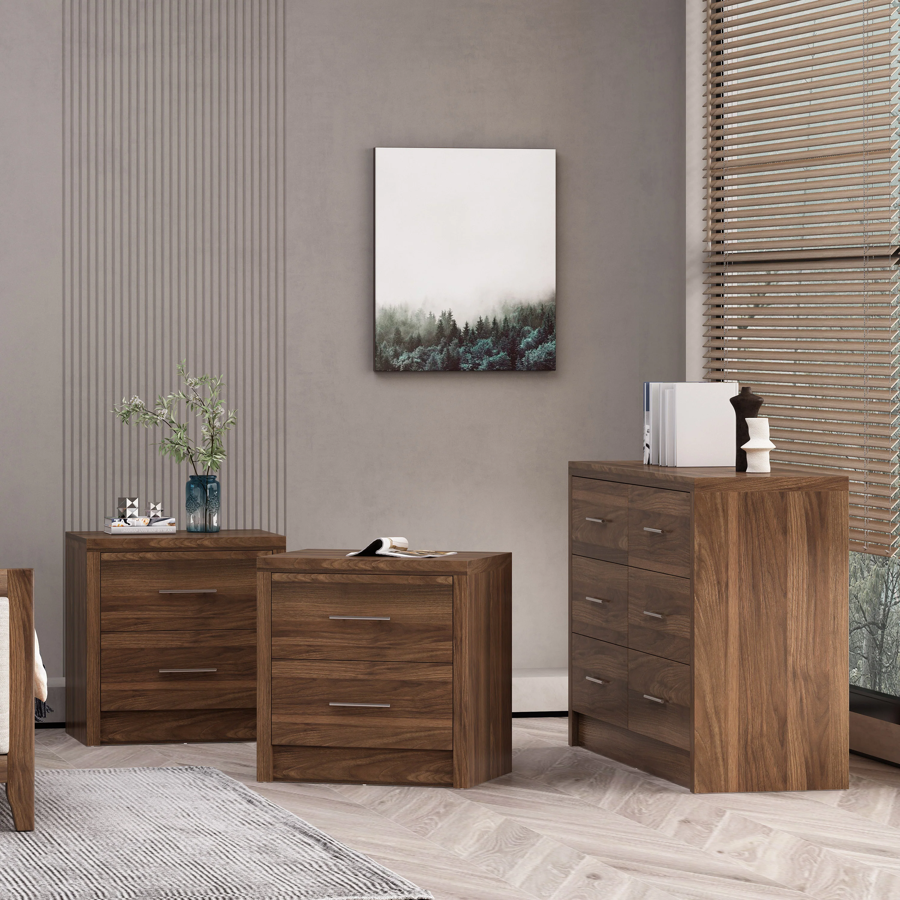 Marlette Modern 3 Piece Double Dresser and Nightstand Bedroom Set - furnishings