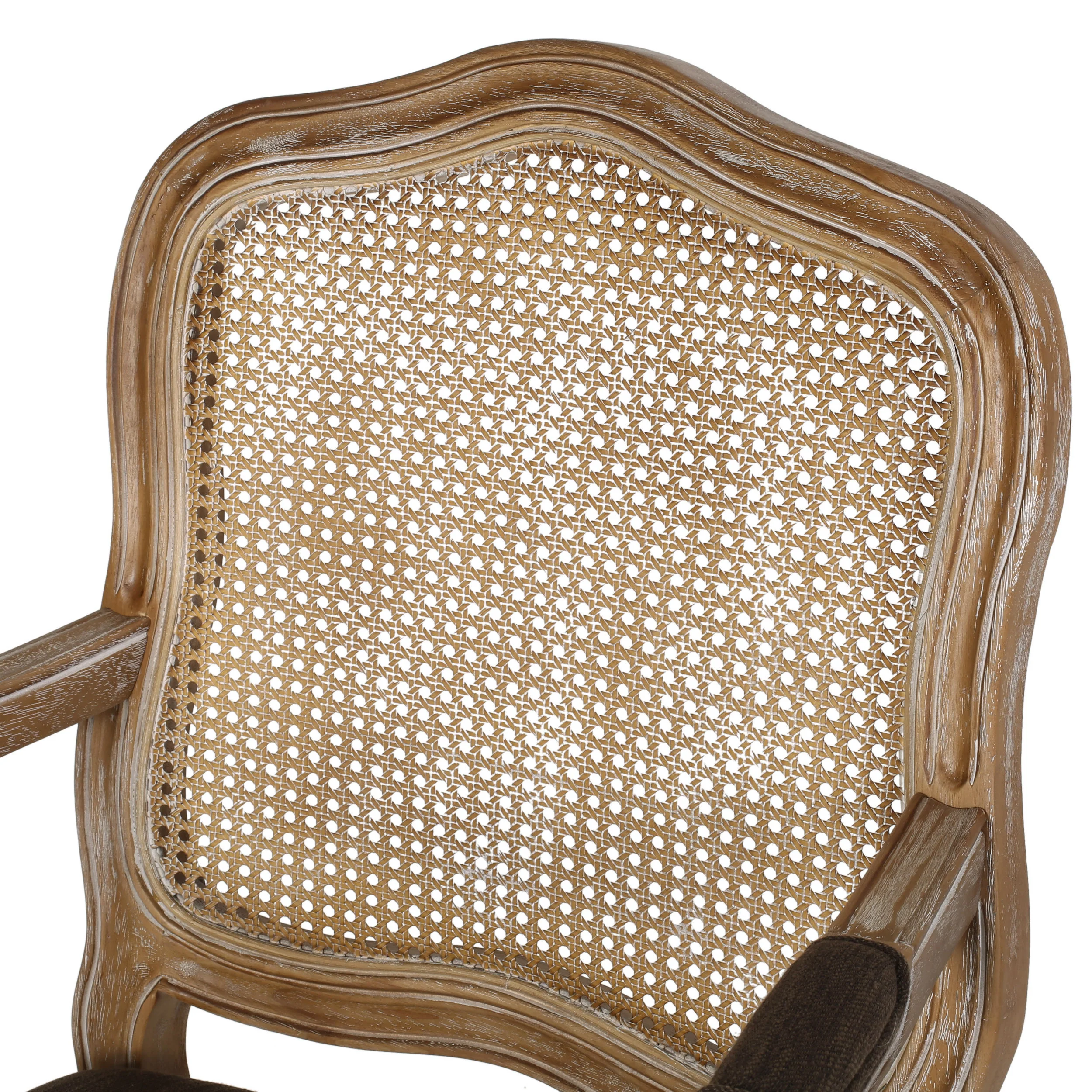 Biorn French Country Wood and Cane Upholstered Dining Armchair - furnishings