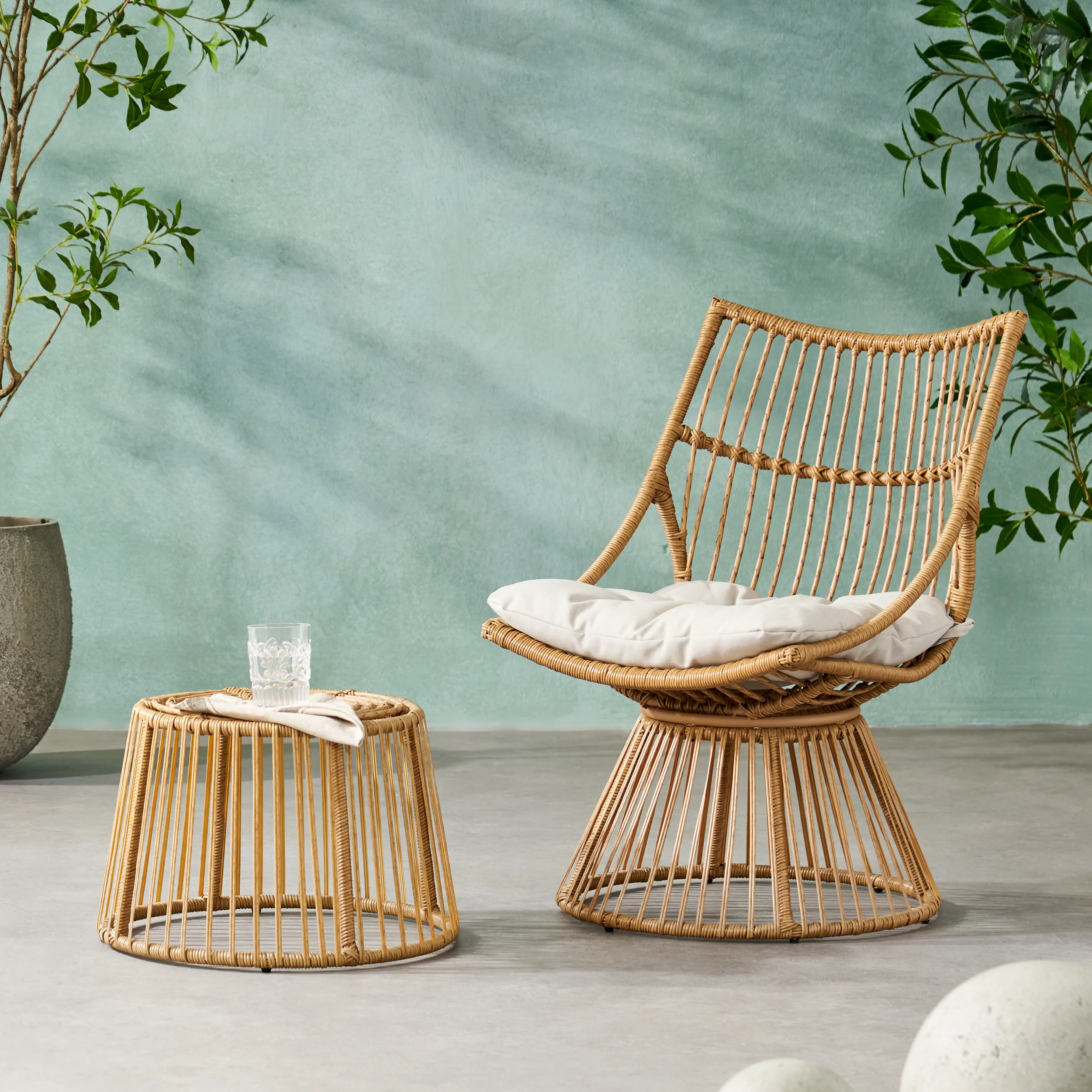 Apulia Outdoor Wicker Chair and Side Table Set with Cushion, Light Brown and Beige - furnishings