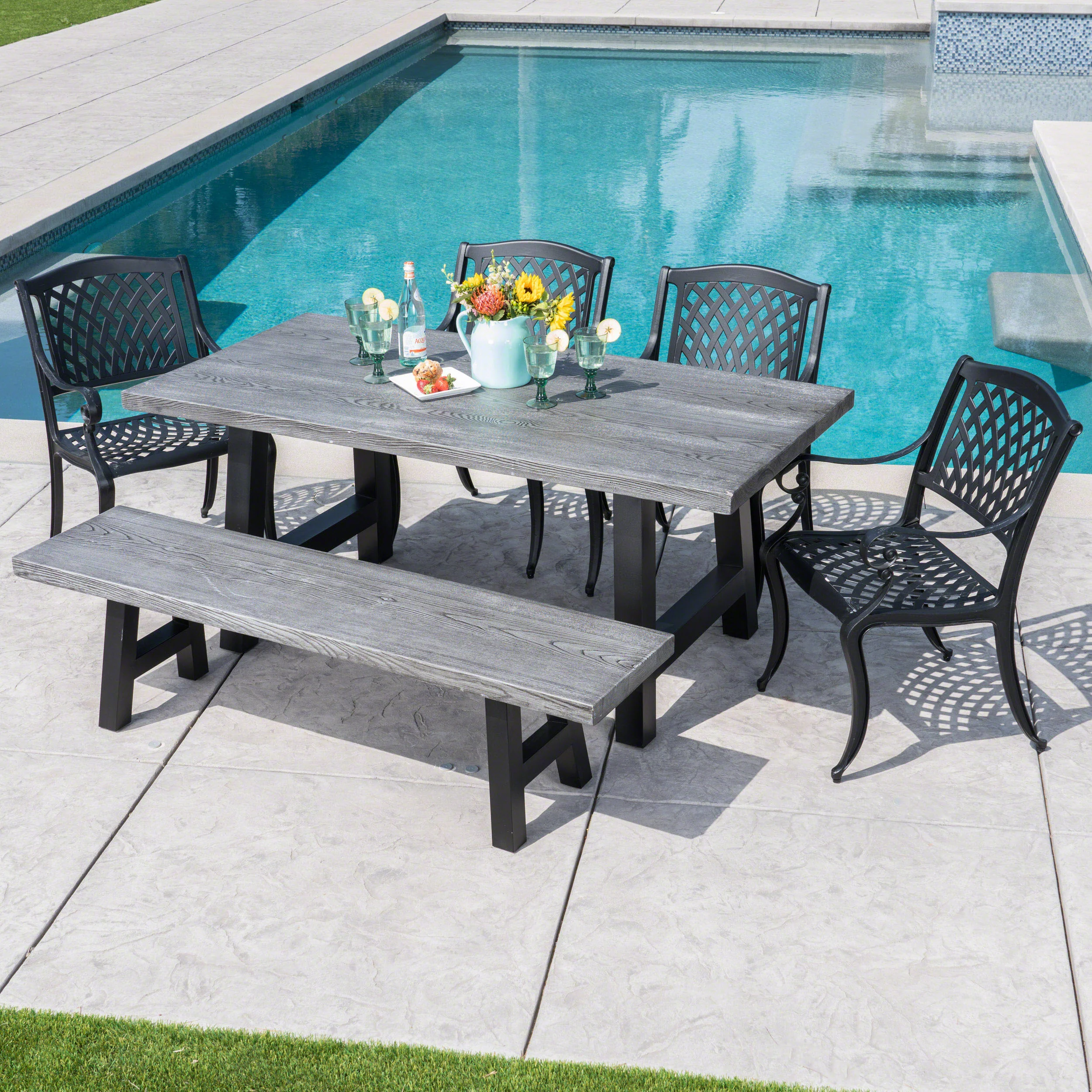 Dorris Outdoor 6 Piece Black Sand Aluminum Dining Set with Light Weight Concrete Table and Bench - furnishings