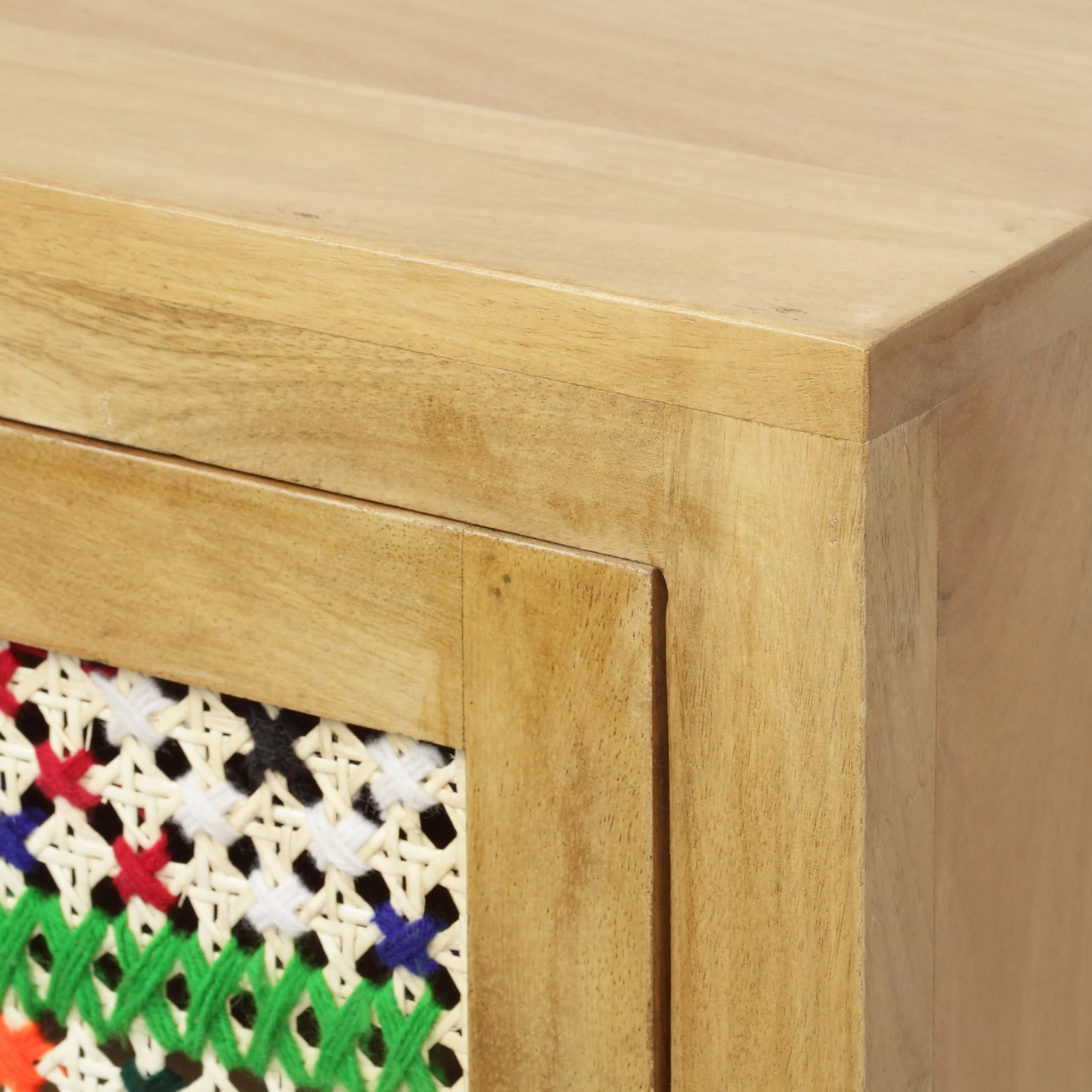 Reser Boho Handcrafted Mango Wood Nightstand with Wool Accents, Natural and Multi-Colored - furnishings