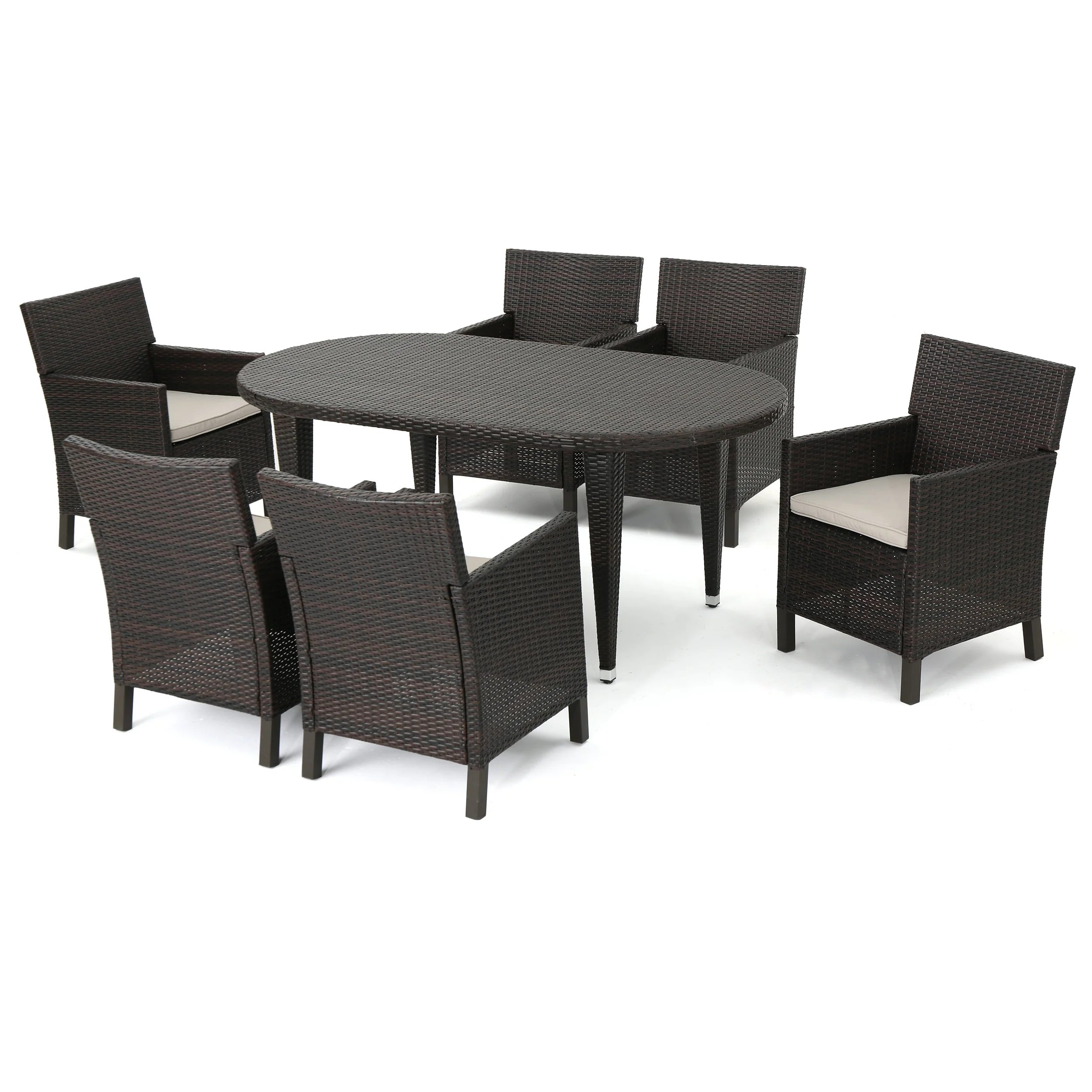 Crete Outdoor 7 Piece Wicker Oval Dining Set with Water Resistant Cushions - furnishings