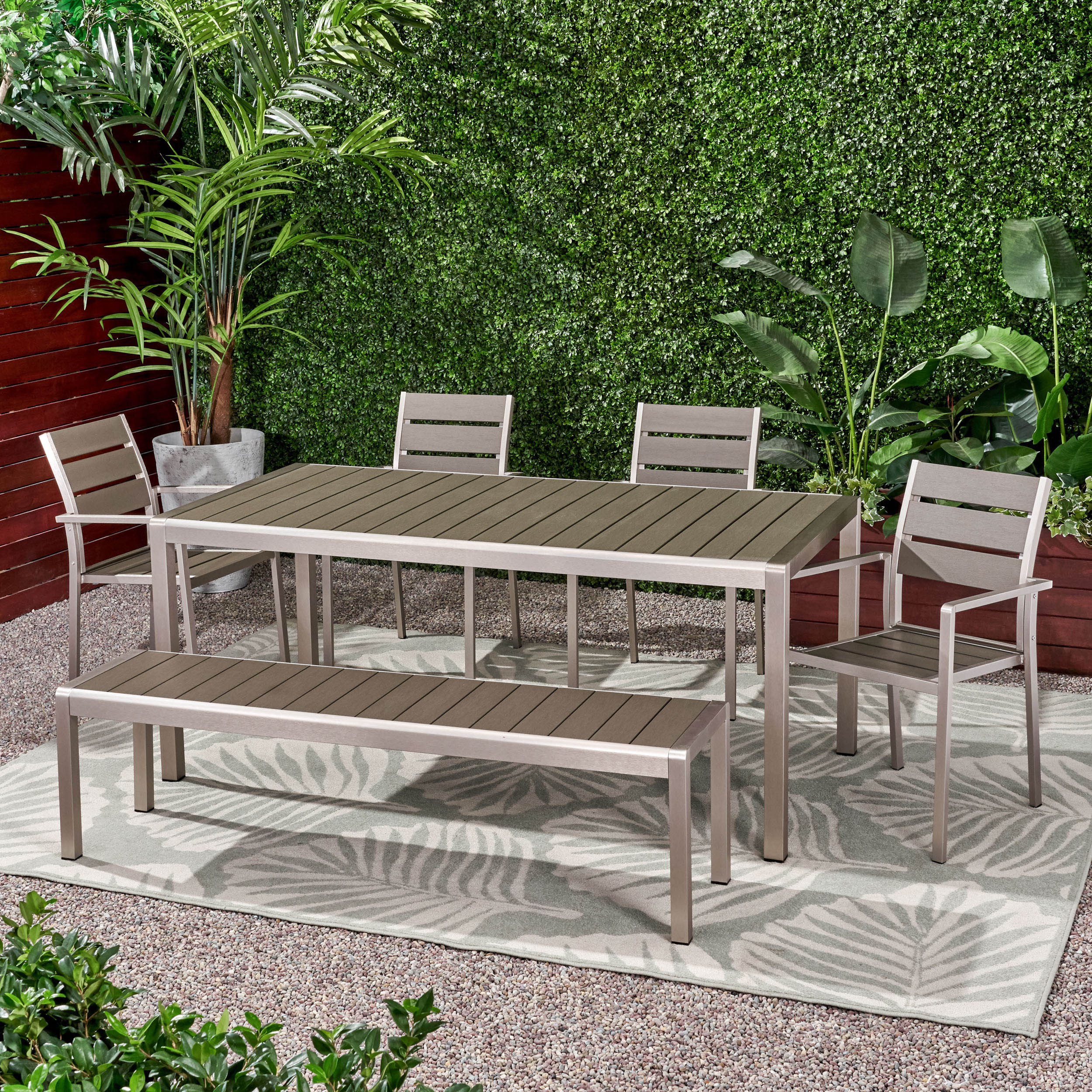 Cherie Outdoor Modern Aluminum 6 Seater Dining Set with Dining Bench - furnishings